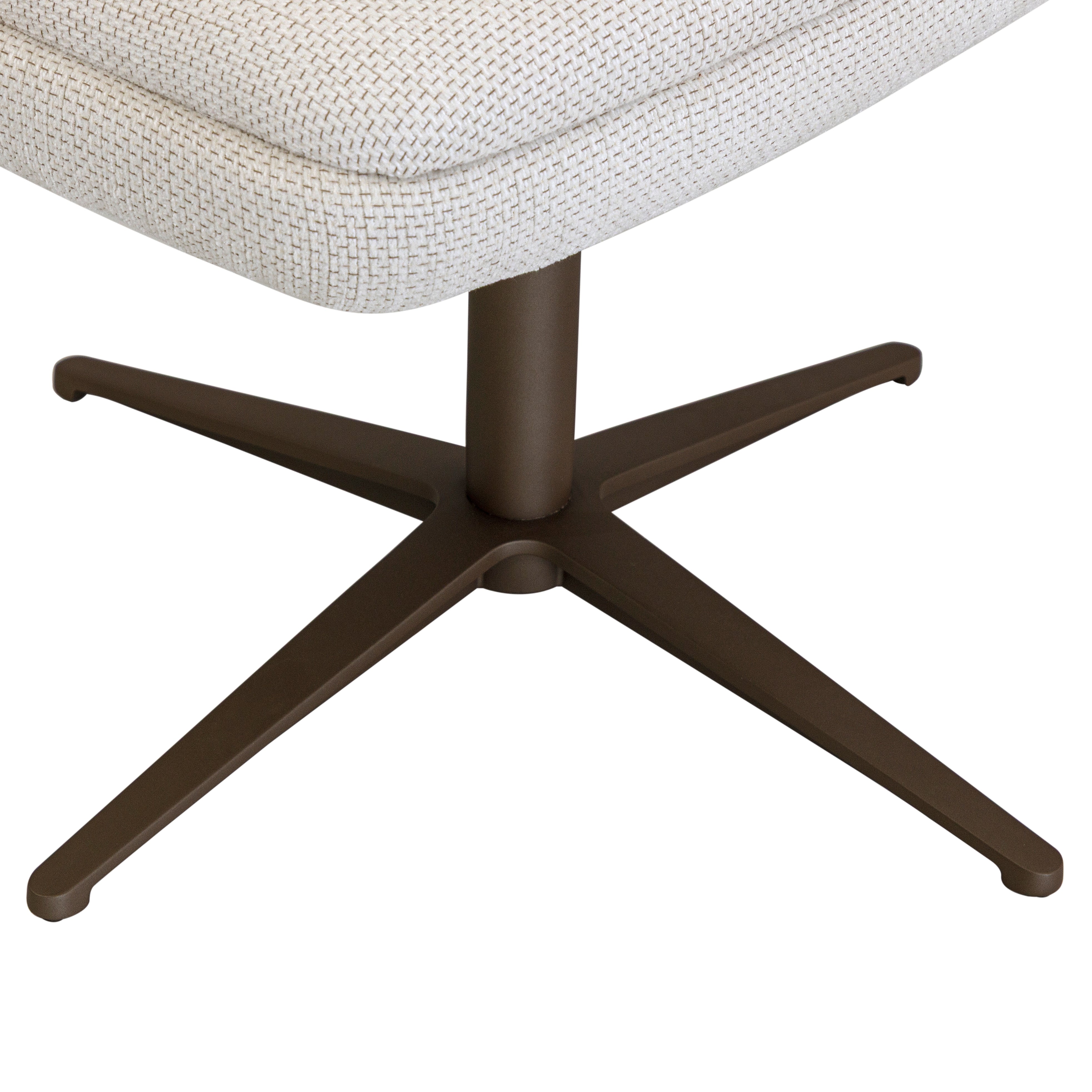Close-up of a chair with a textured white cushion and bronze star-shaped base on a white background
