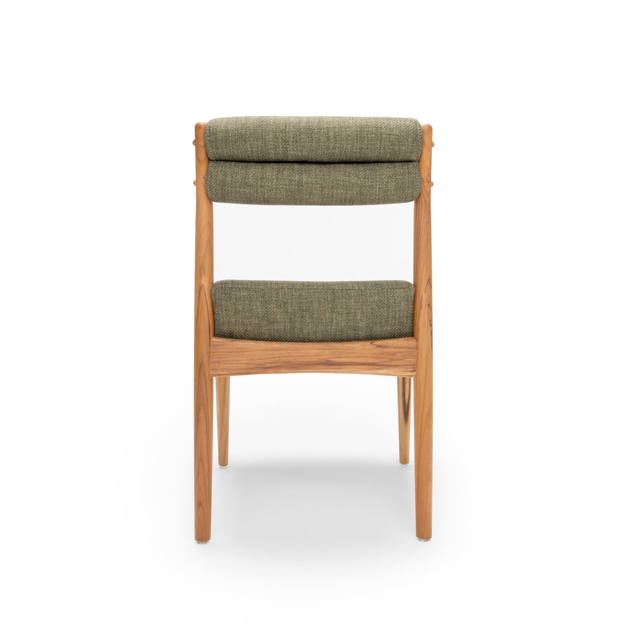 Wooden chair with green fabric cushions on a white background