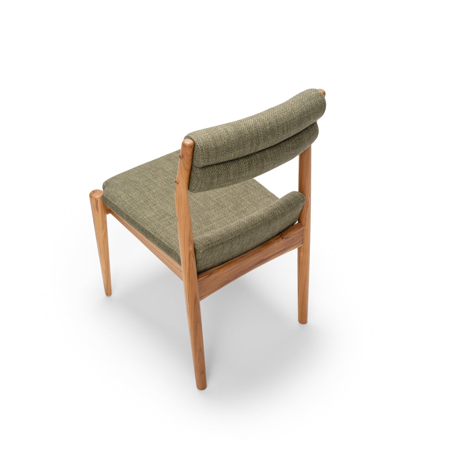 Wooden chair with green fabric cushions on a white background