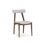 Chair with wooden frame and white cushioned seat and backrest on a white background