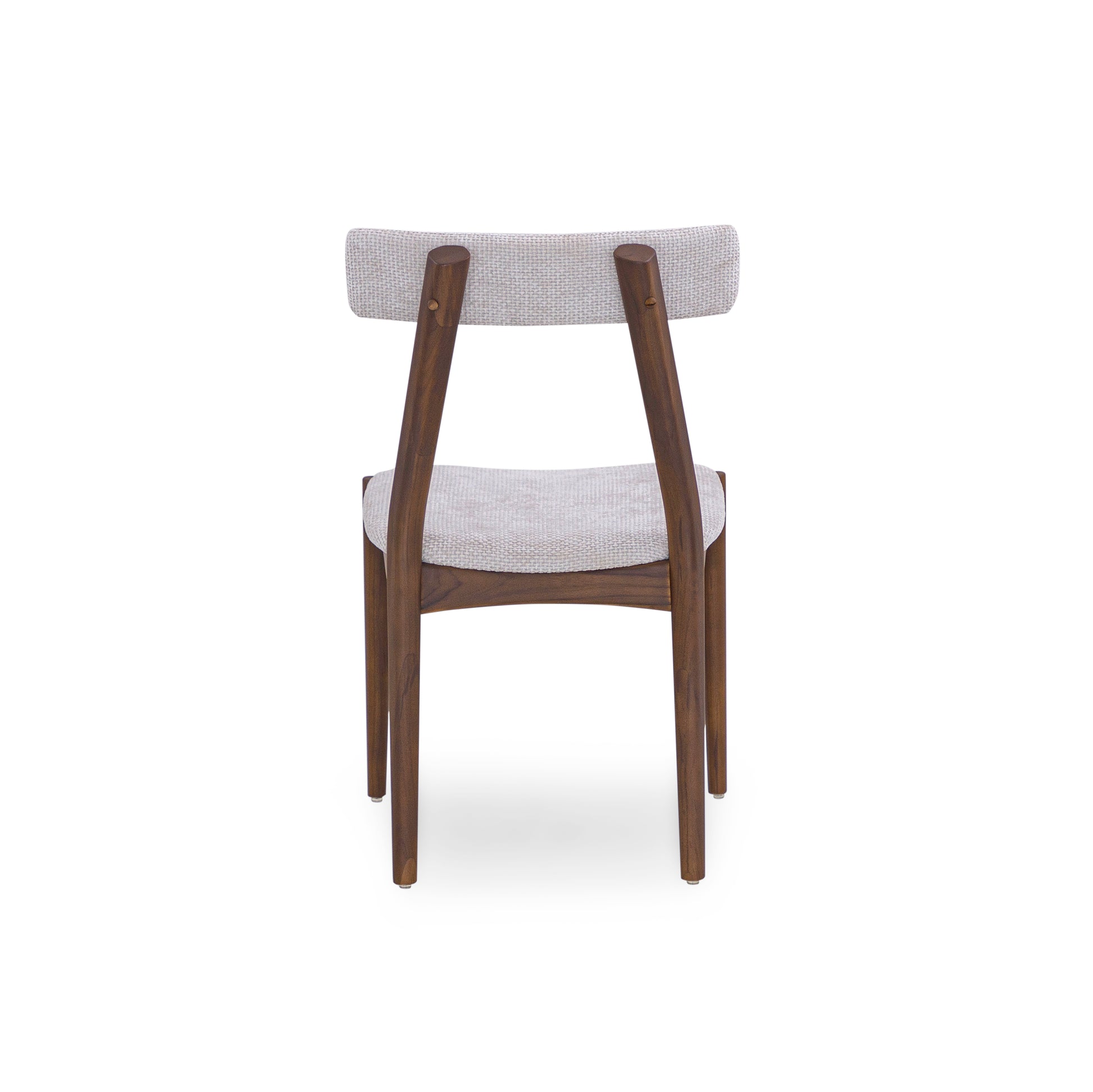 Chair with wooden frame and white cushioned seat on a white background