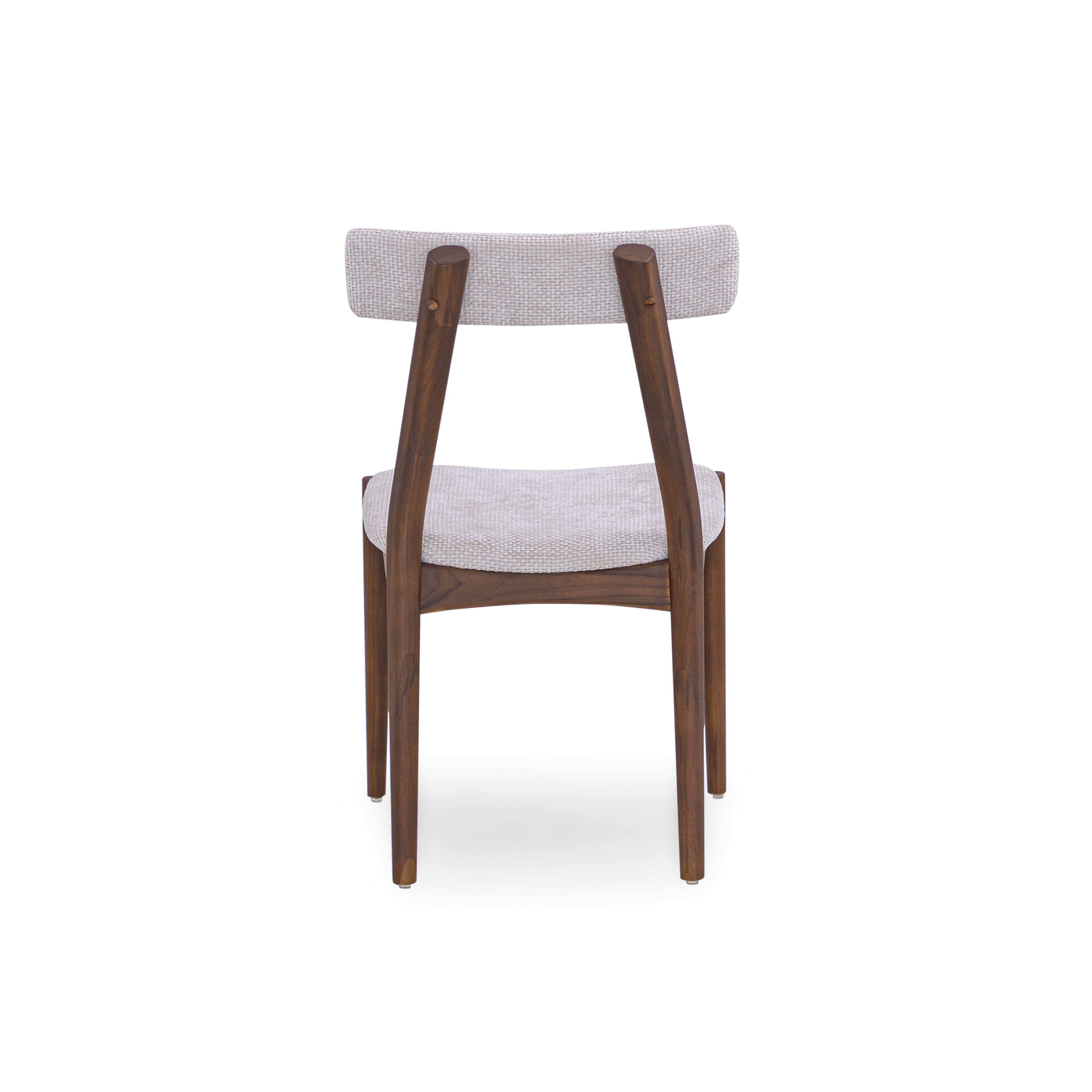 Chair with wooden frame and white cushioned seat on a white background