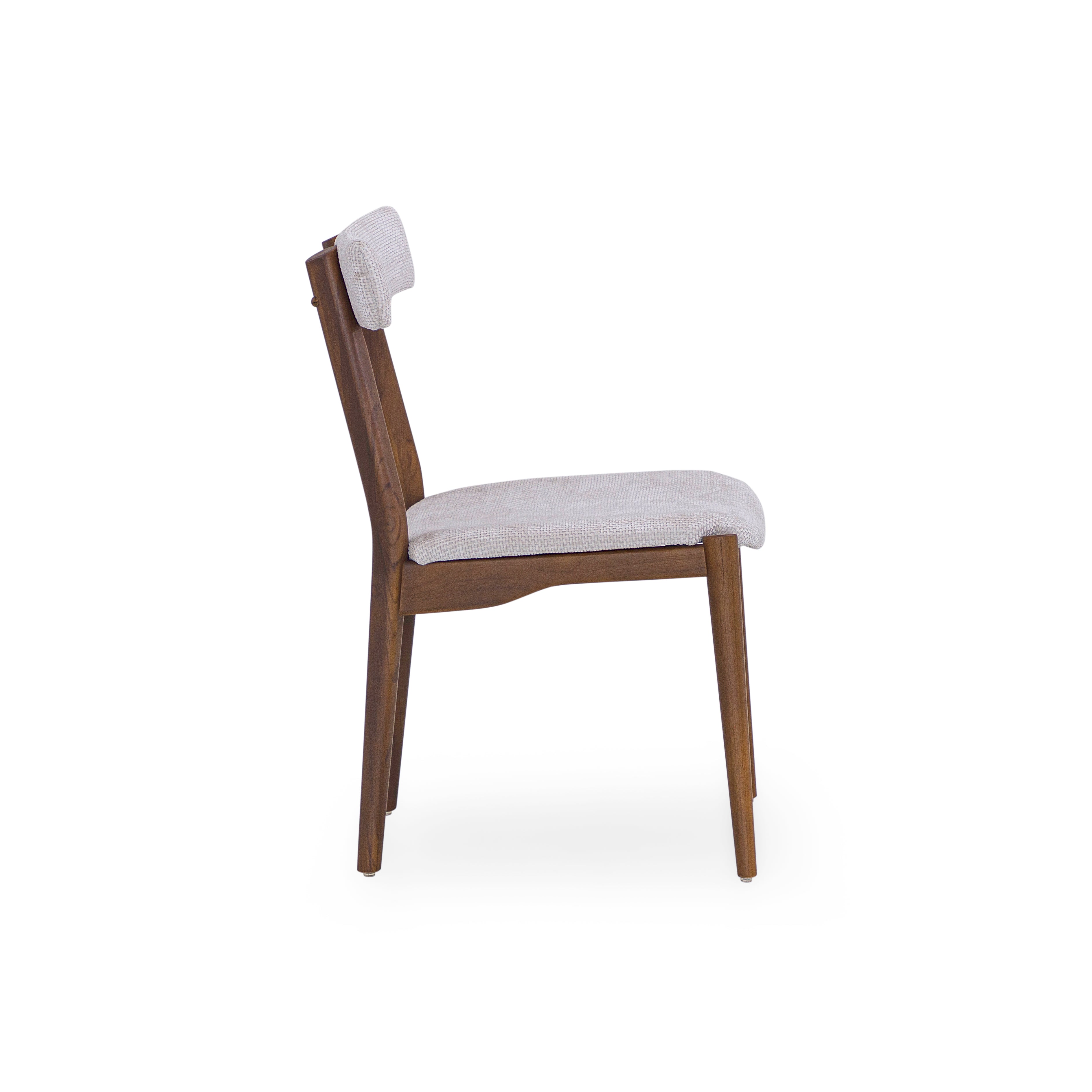 Wooden chair with white cushioned seat and backrest on a white background
