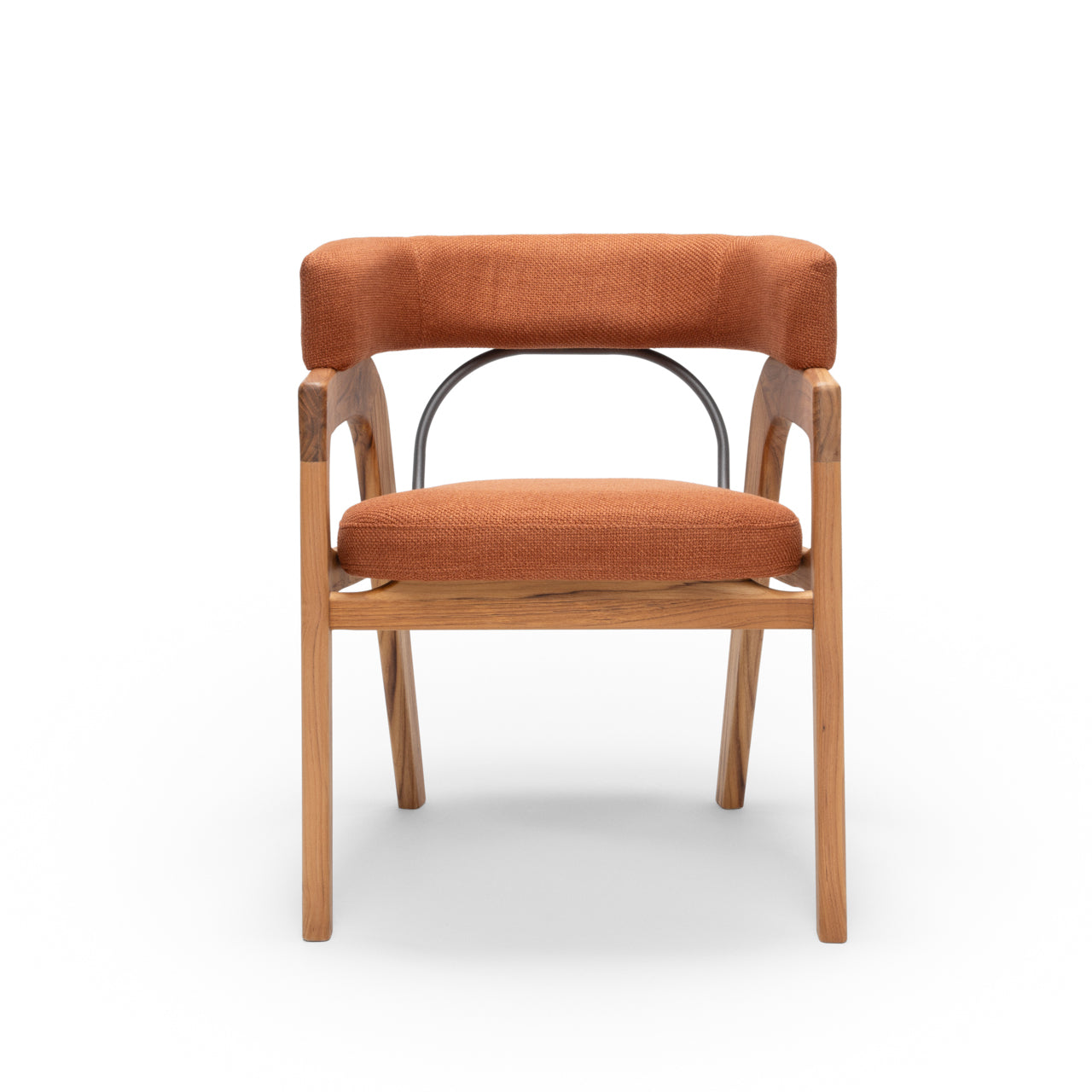 A rear view of a chair with orange upholstery and a wooden frame with a curved design at the top of the backrest.