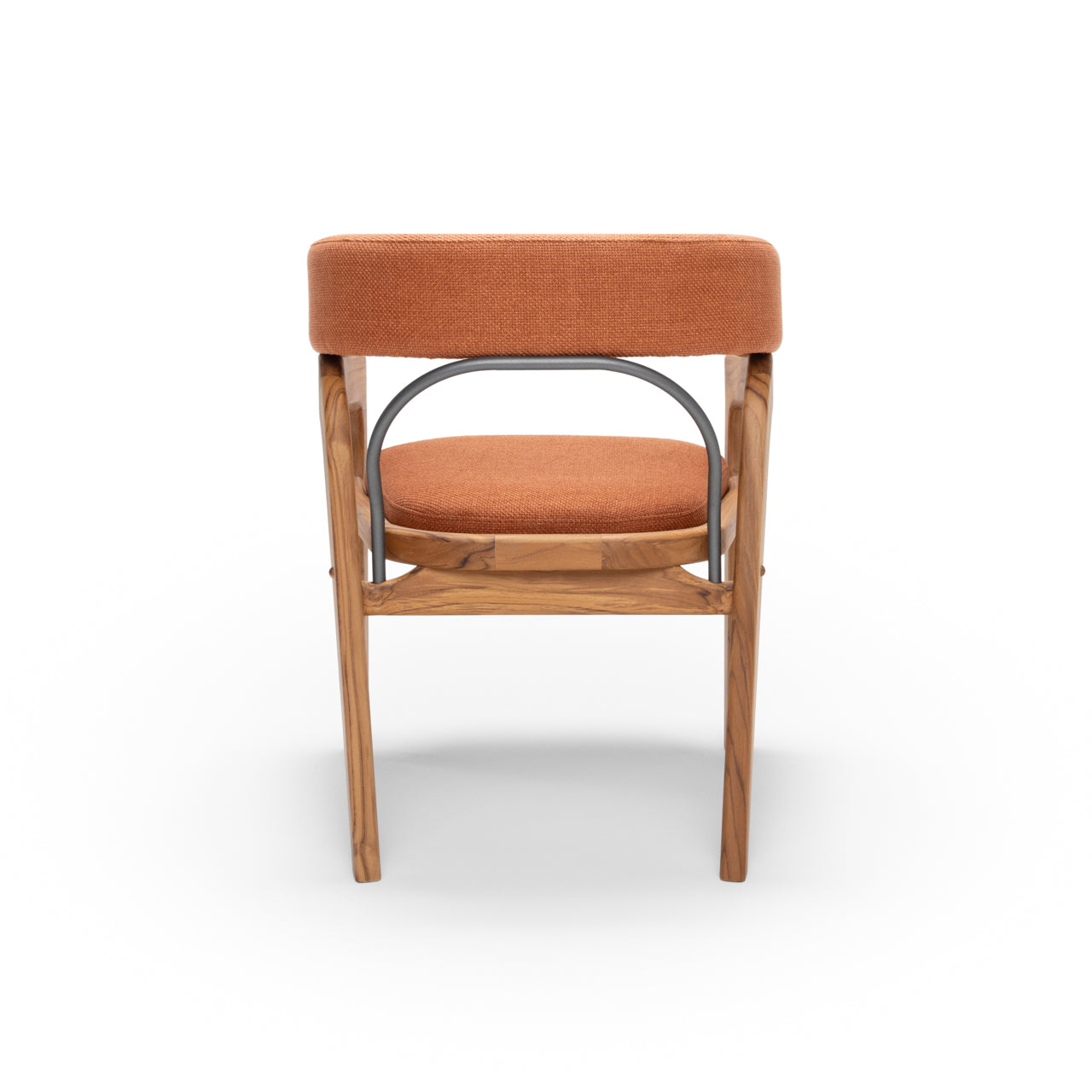 Chair with orange cushion and wooden frame on a white background