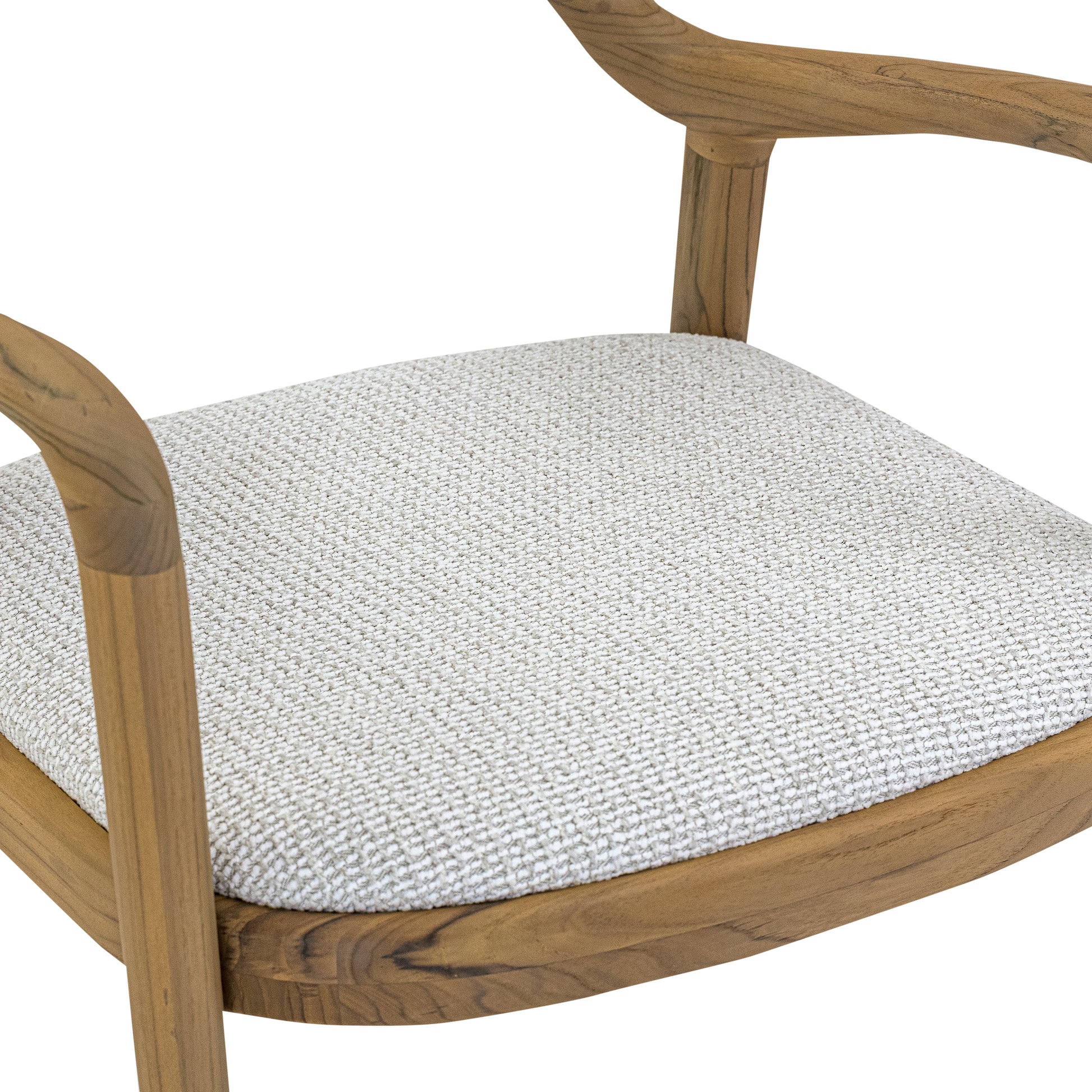 Wooden chair with a white woven seat cushion on a white background