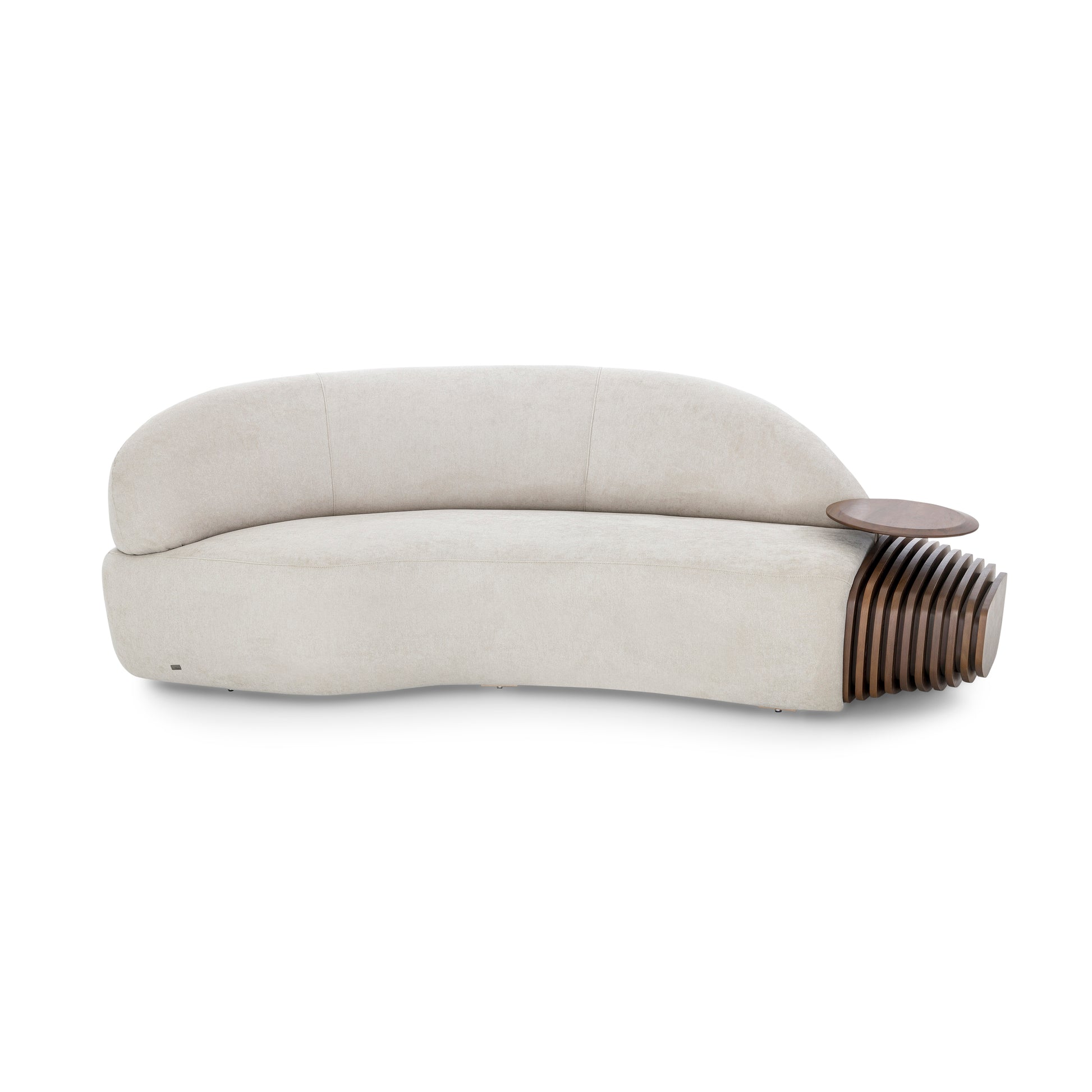 A left side curved sofa in beige fabric with a walnut-colored armrest and table attached to it.