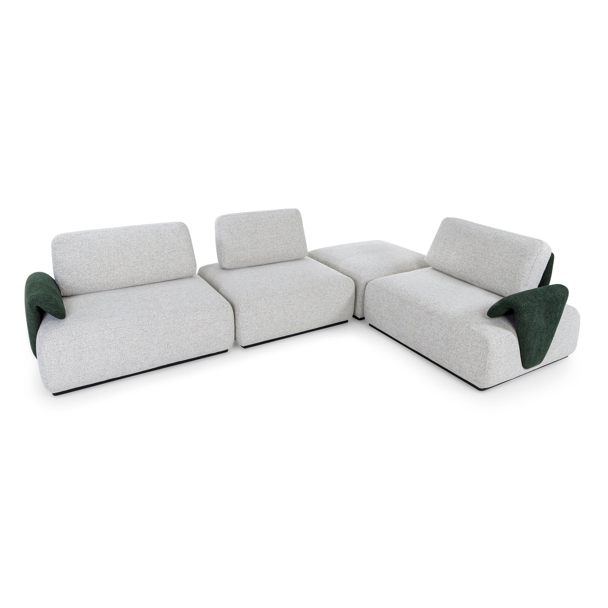 Modern sectional sofa with green accents on a white background