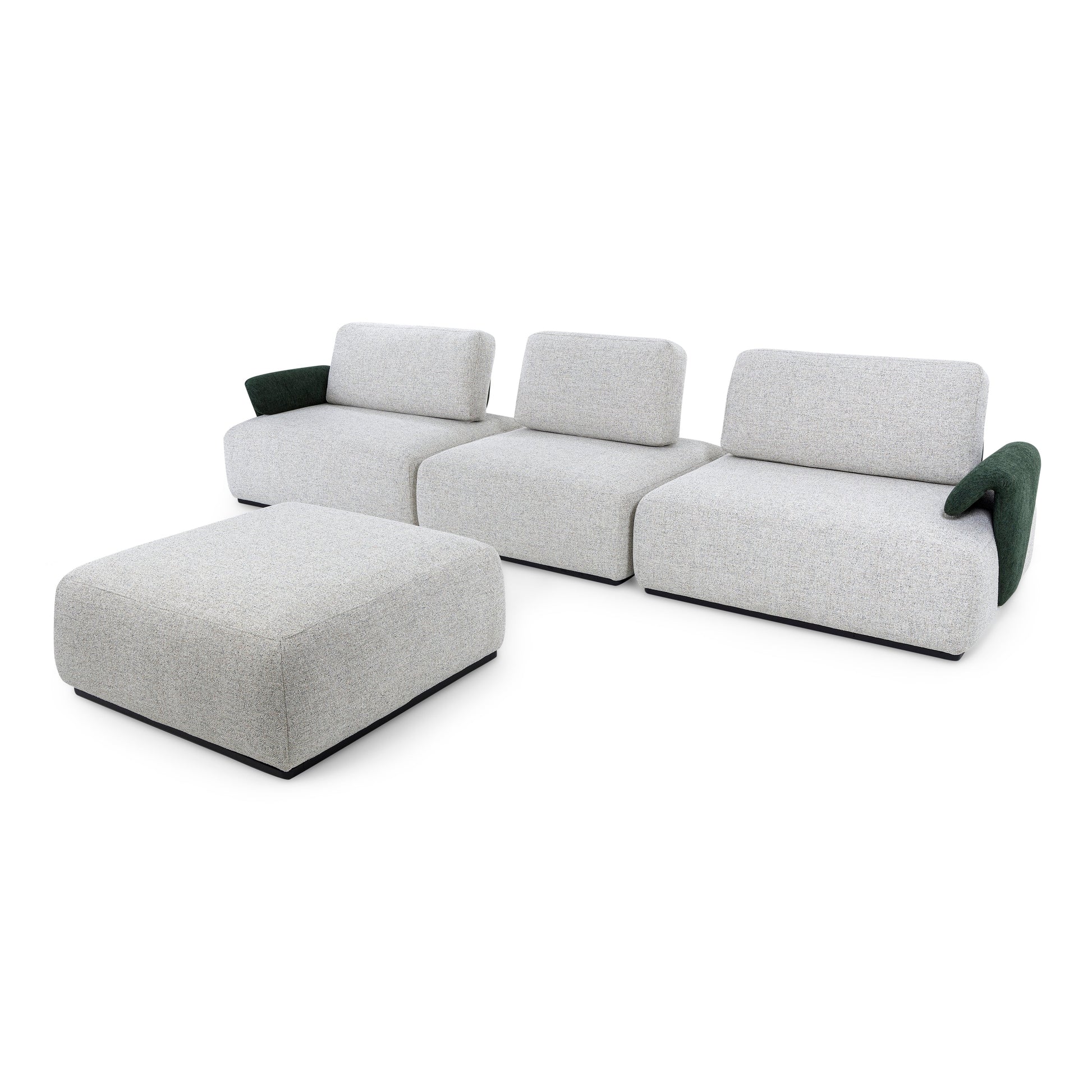 Modern sectional sofa with a matching ottoman on a white background