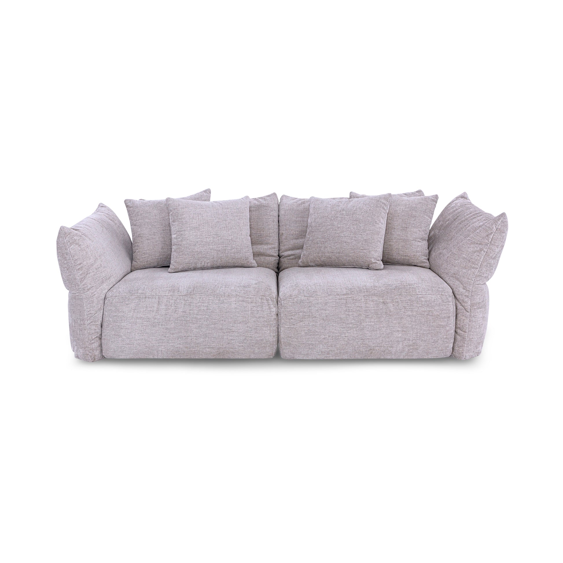 Gray sofa with multiple cushions on a white background