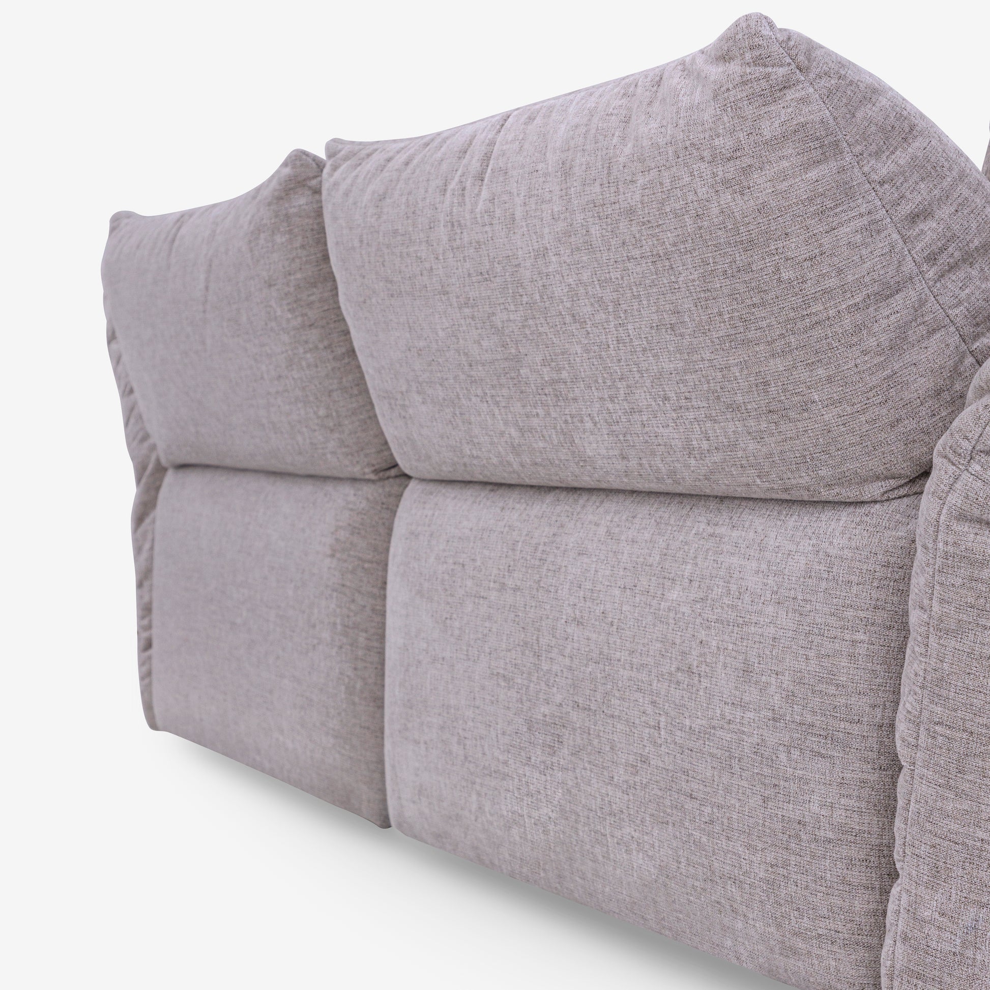 Gray upholstered headboard with textured fabric on a white background