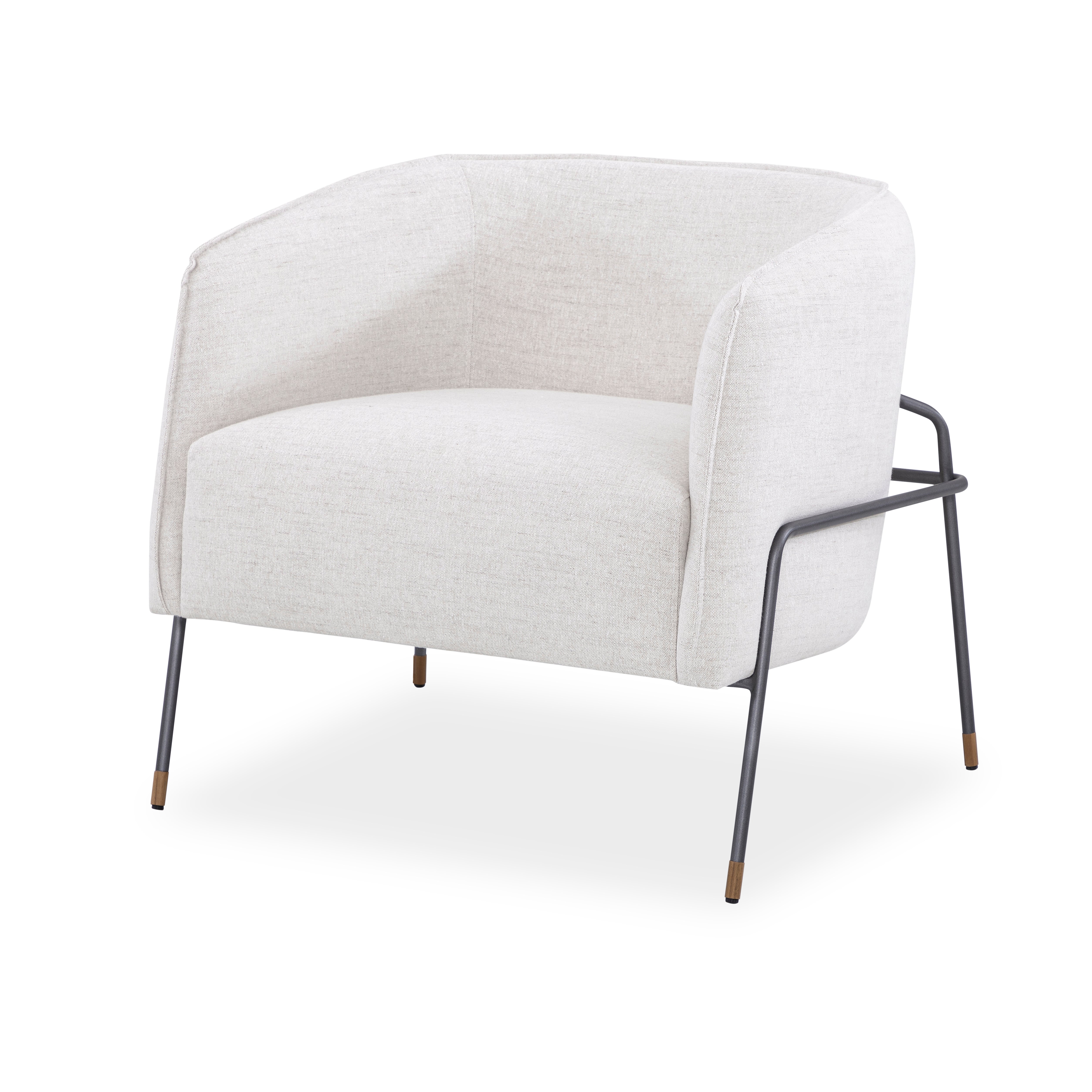 A BELLA Armchair with a graphite gray and light beige fabric, featuring a modern design with metal legs.