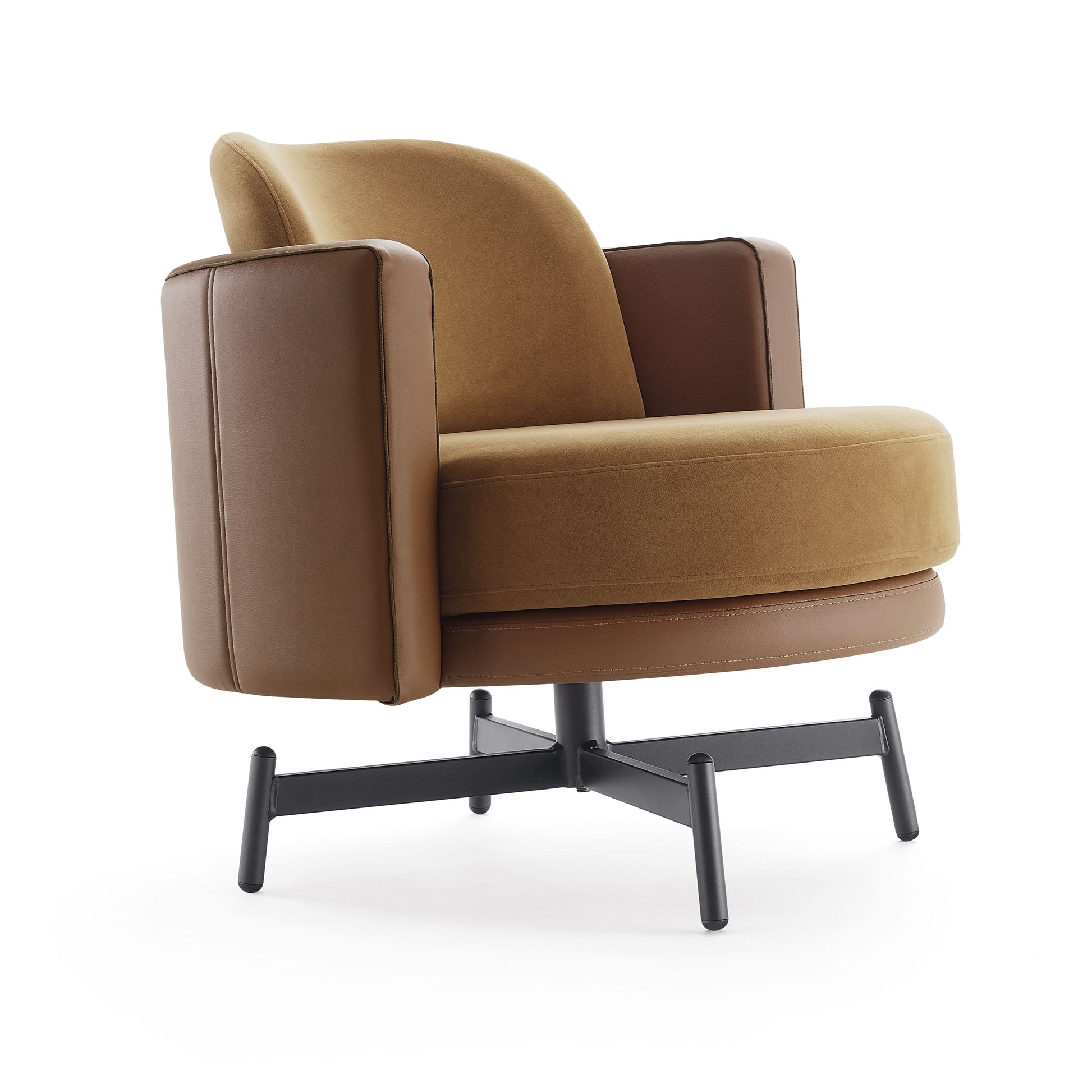 Brown armchair with a black metal base on a white background