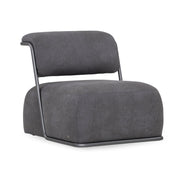 A slipper chair with a graphite gray metal frame and dark gray fabric upholstery.