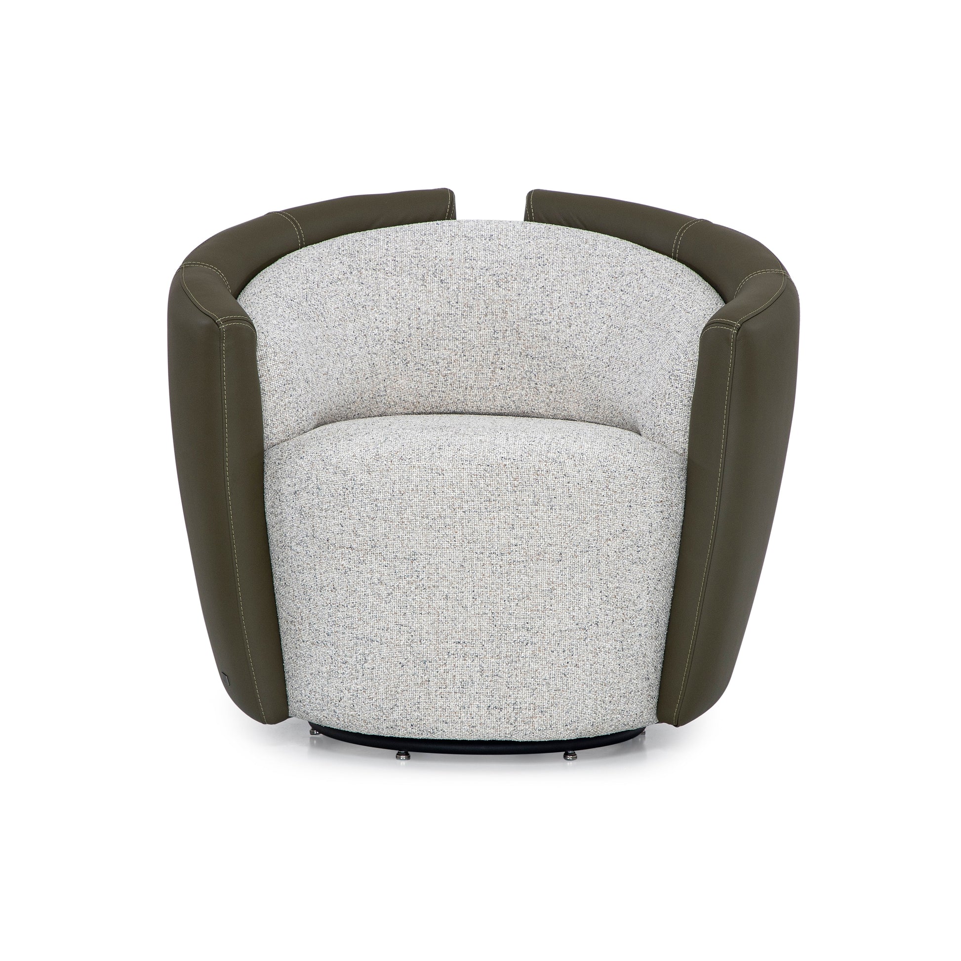 Modern chair with gray cushioned seat and brown armrests on a white background