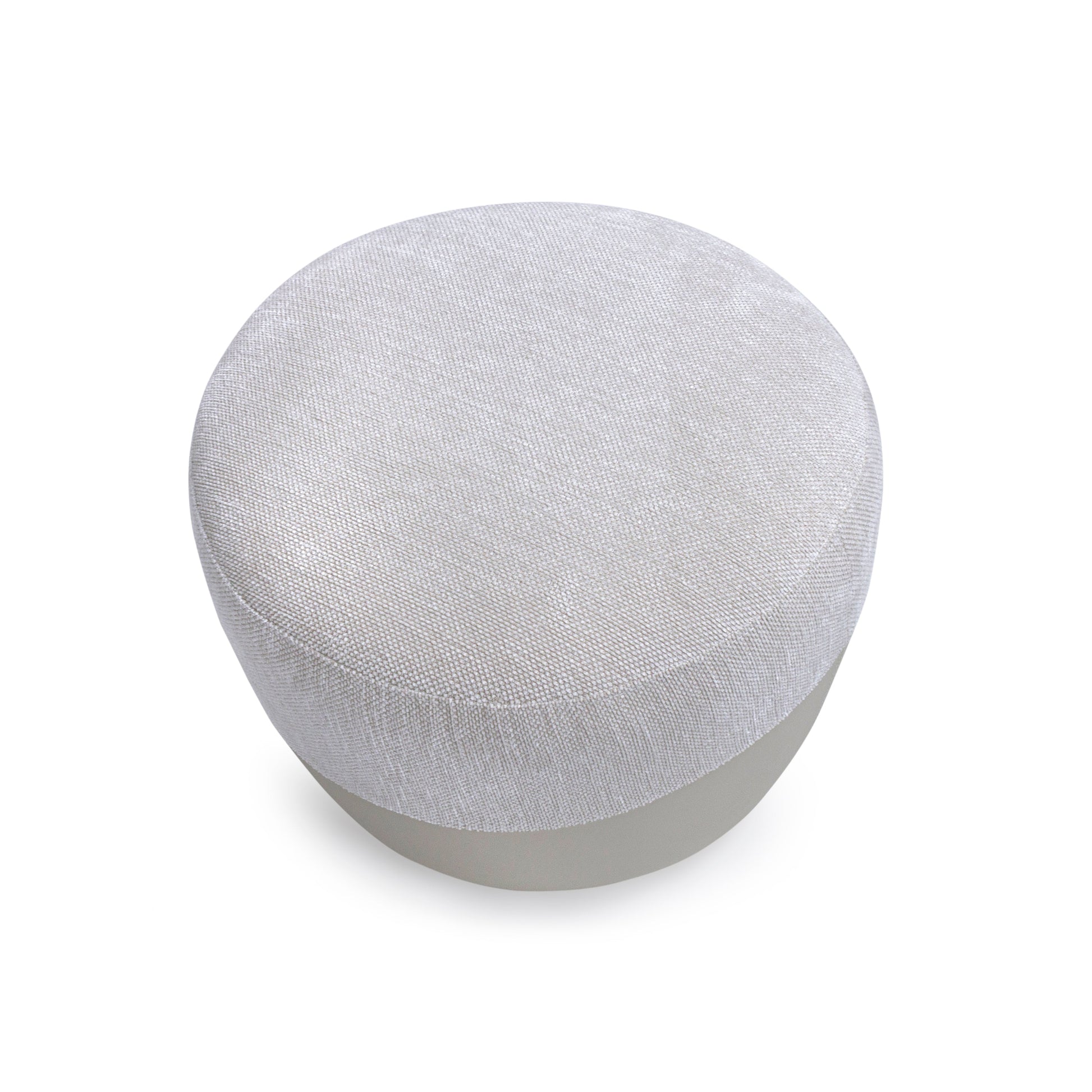Round gray ottoman with textured surface on a white background