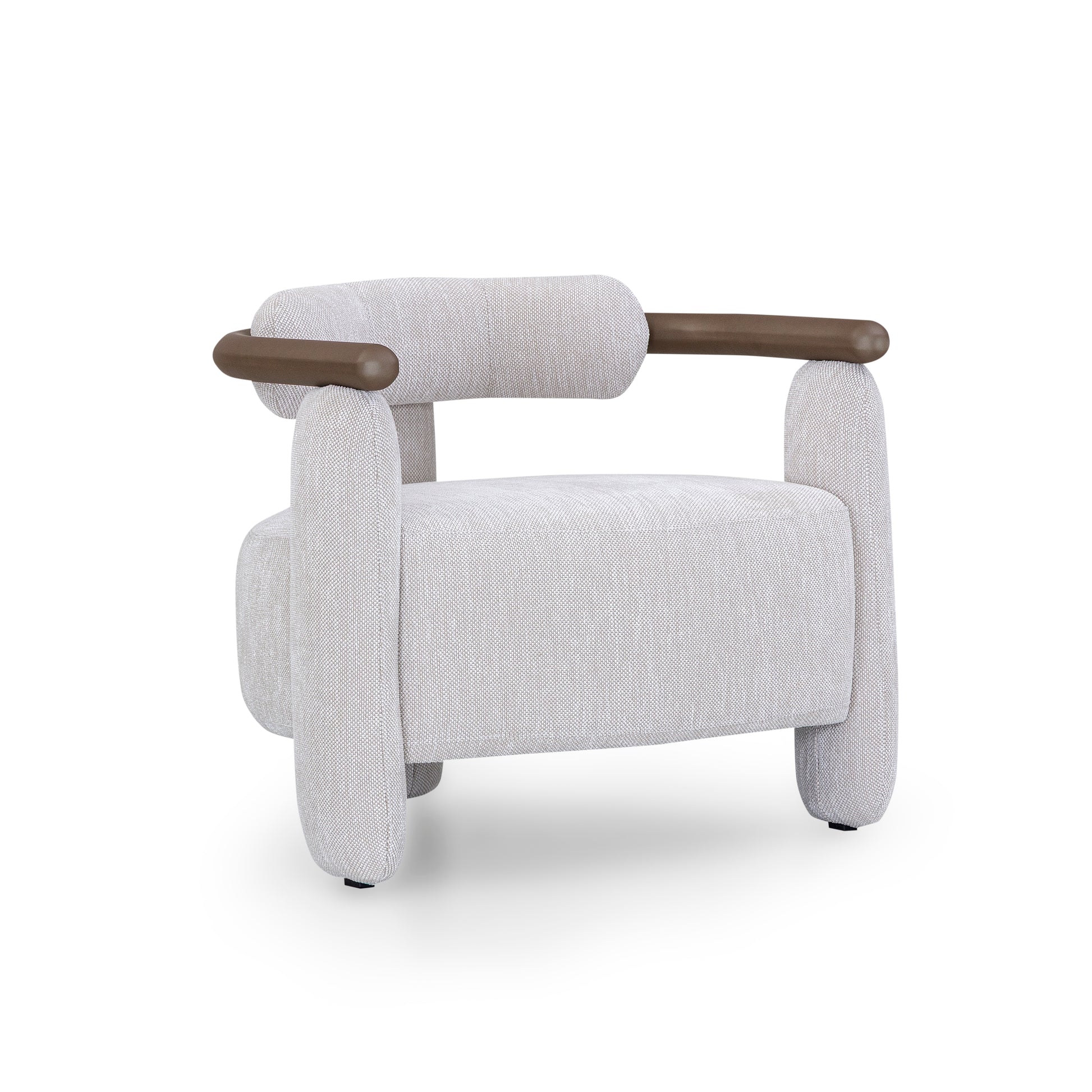 Modern armchair with gray upholstery and brown armrests on a white background