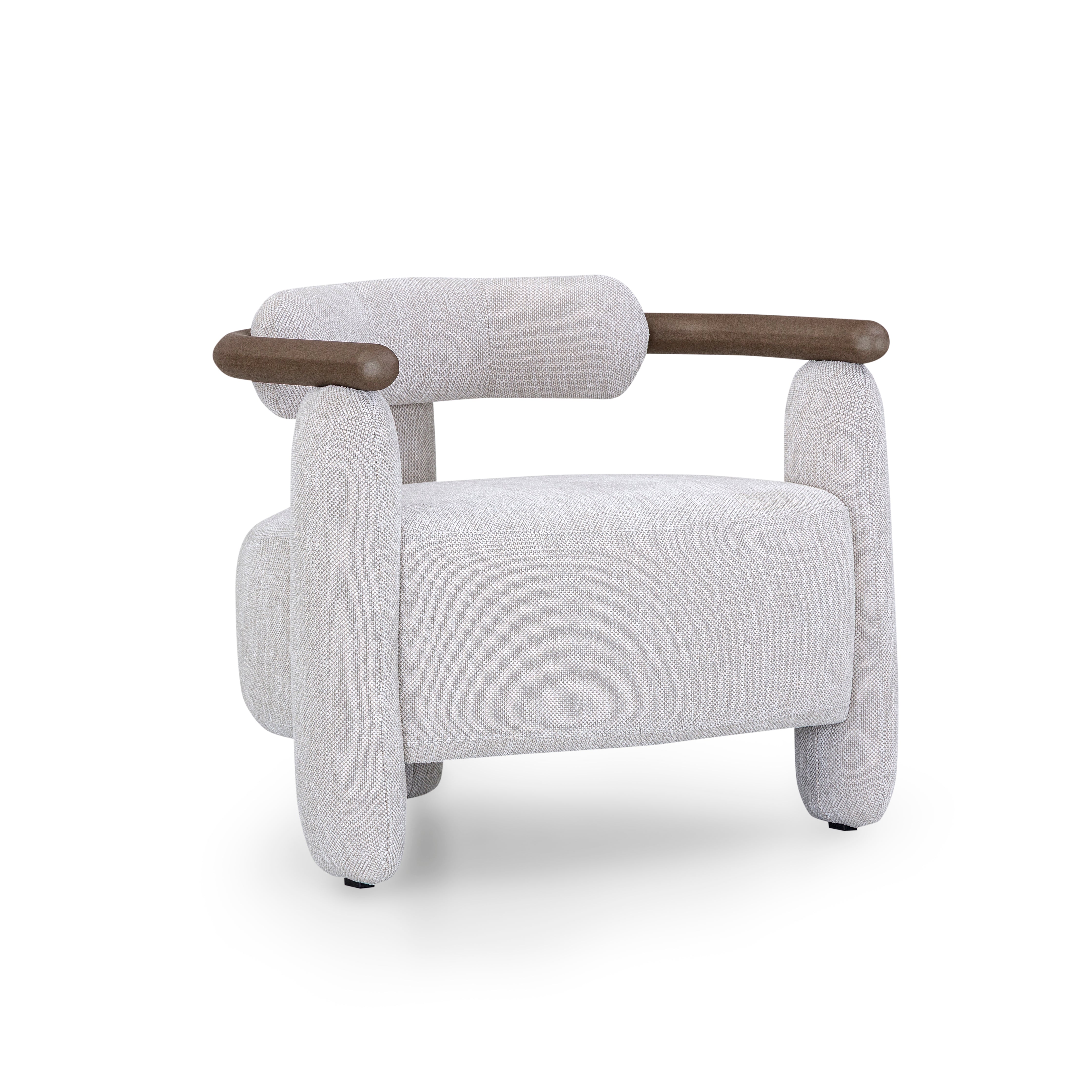 Modern armchair with gray upholstery and brown armrests on a white background