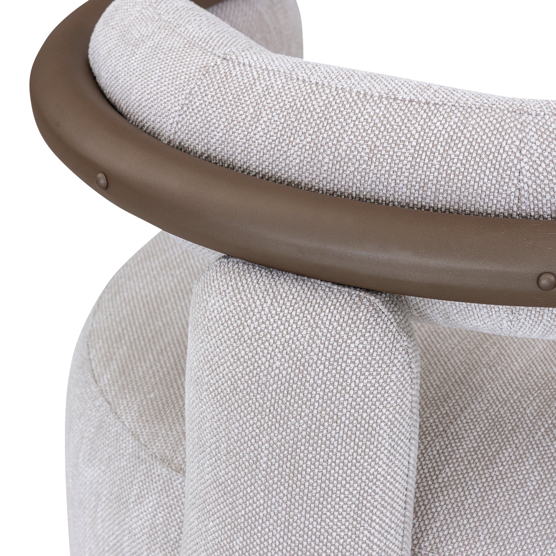 Close-up of a gray fabric chair with a brown metal frame on a white background