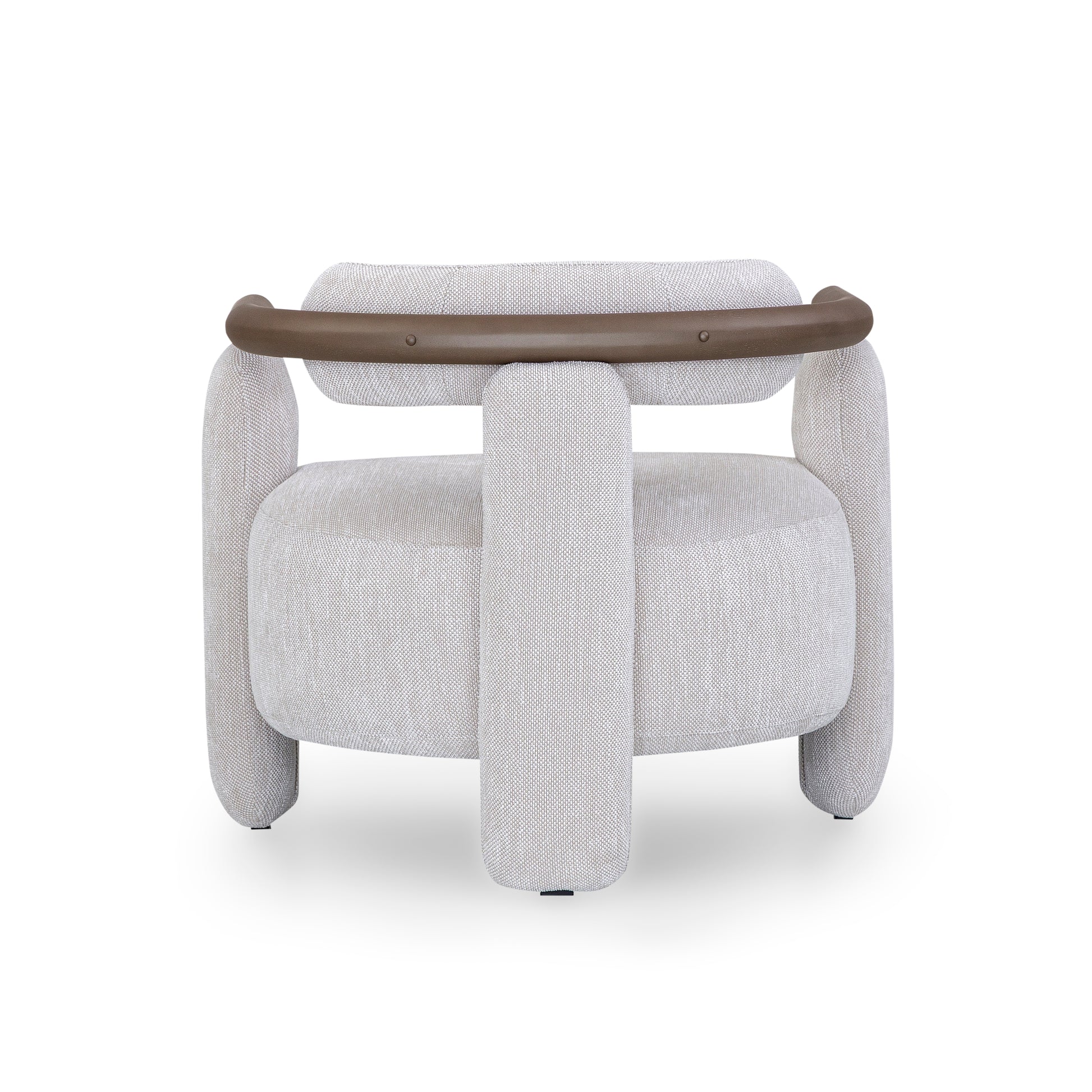 Gray armchair with a brown wooden armrest on a white background