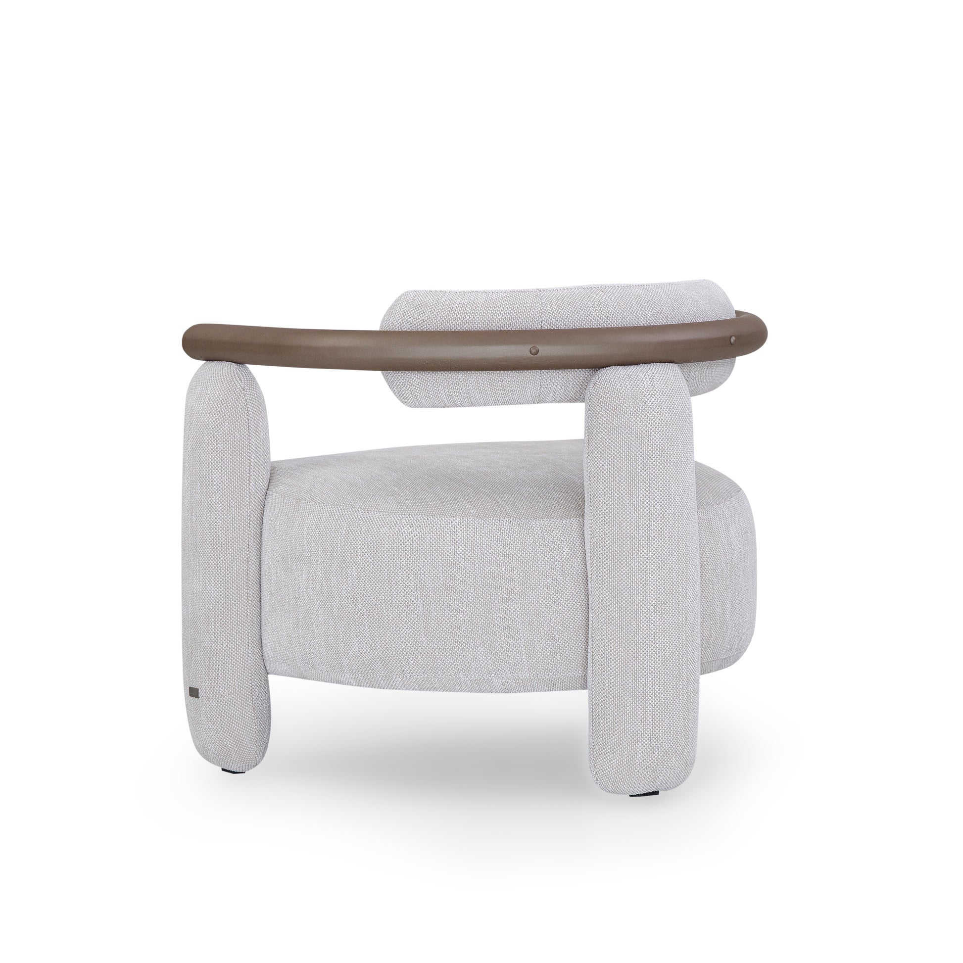 Modern armchair with light gray upholstery and wooden armrest on a white background