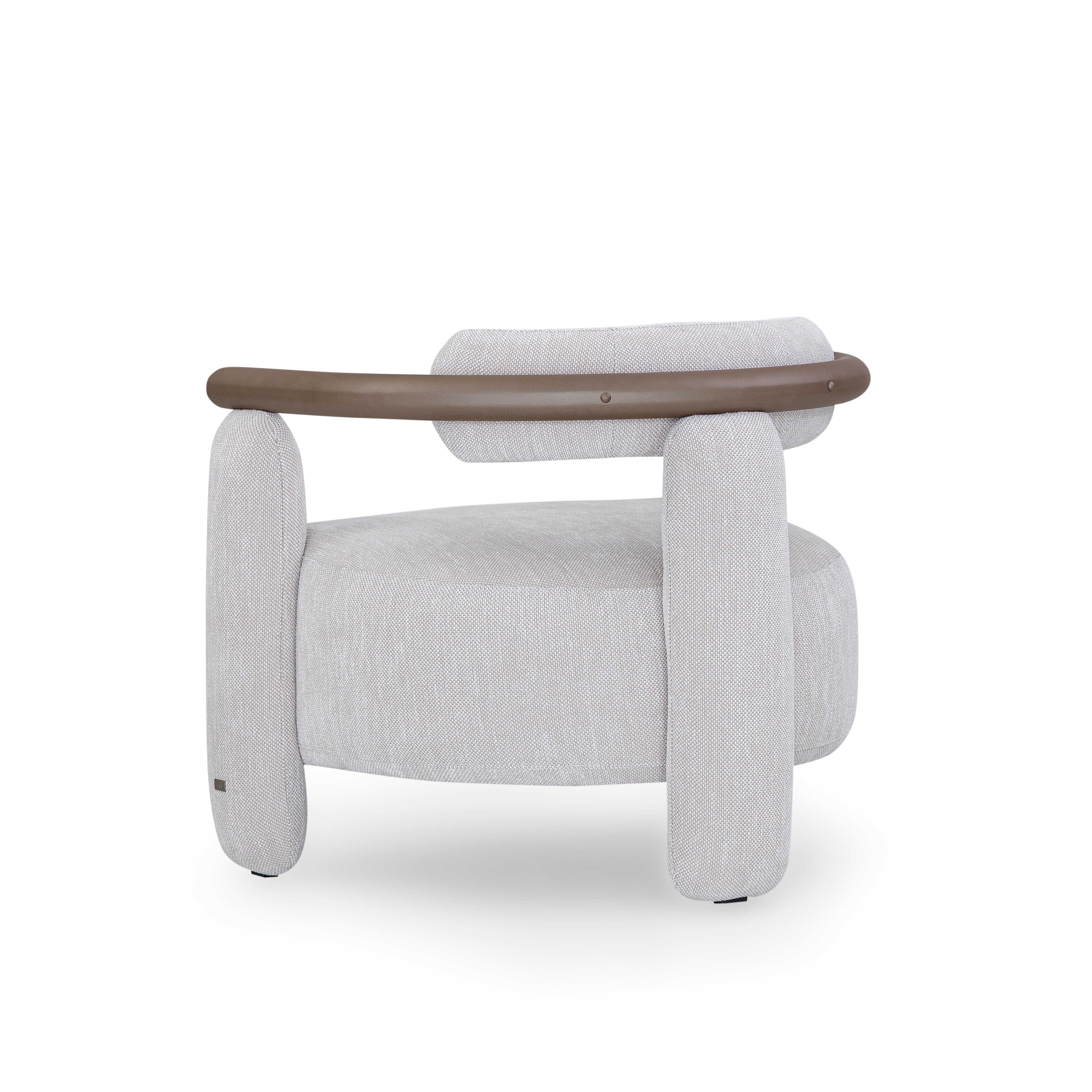 Modern armchair with light gray upholstery and wooden armrest on a white background