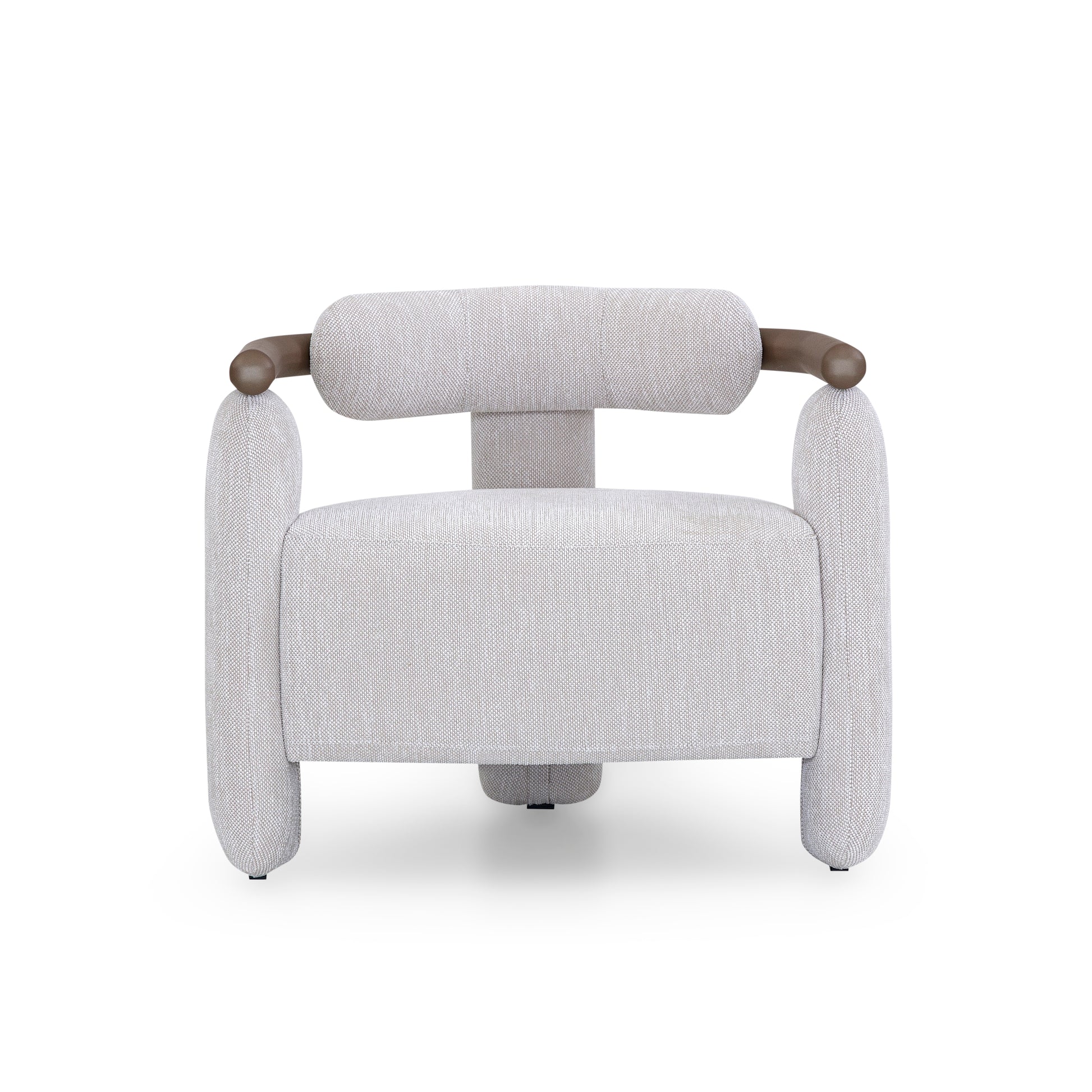Modern armchair with gray upholstery and brown armrests on a white background