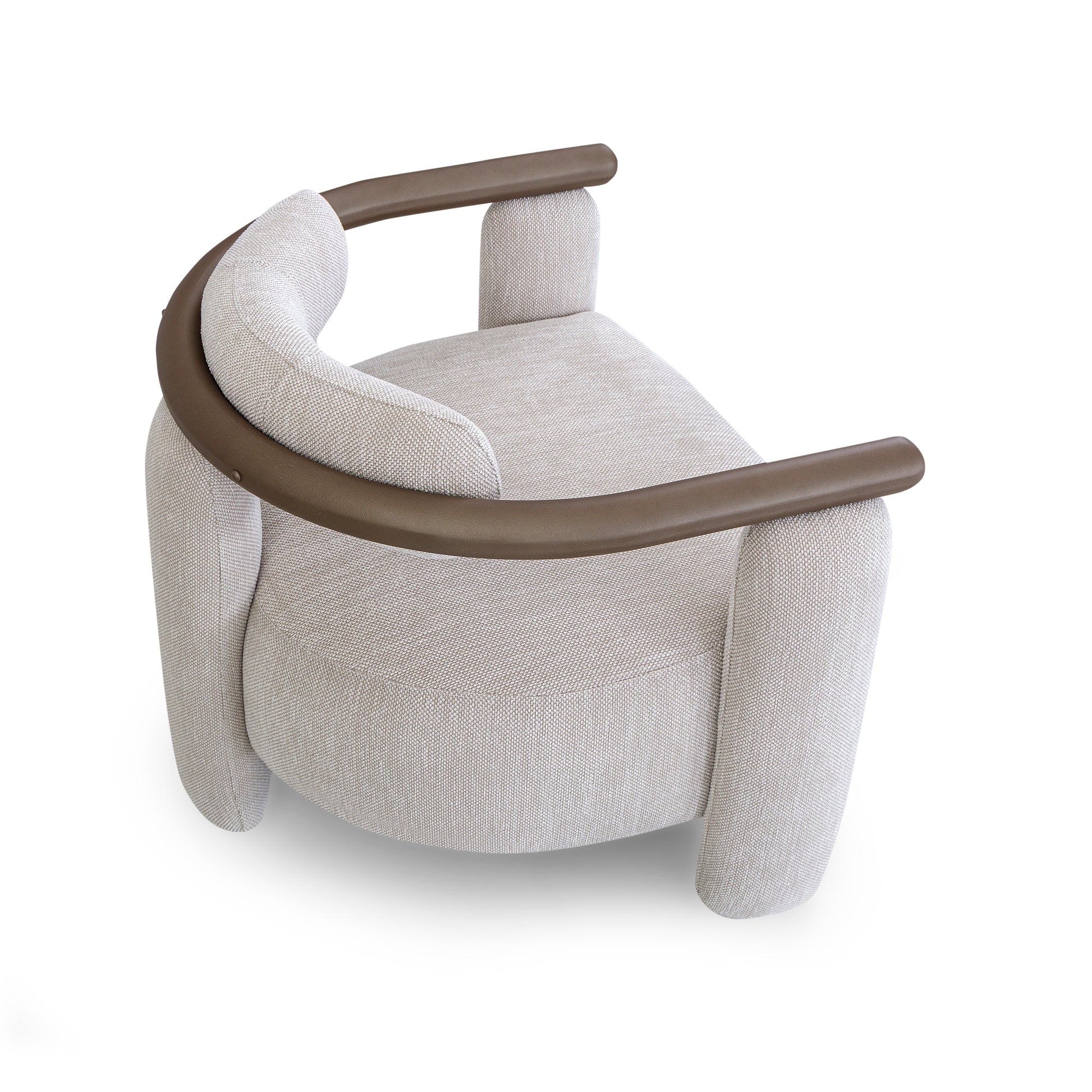 Modern chair with gray fabric and brown wooden armrests on a white background