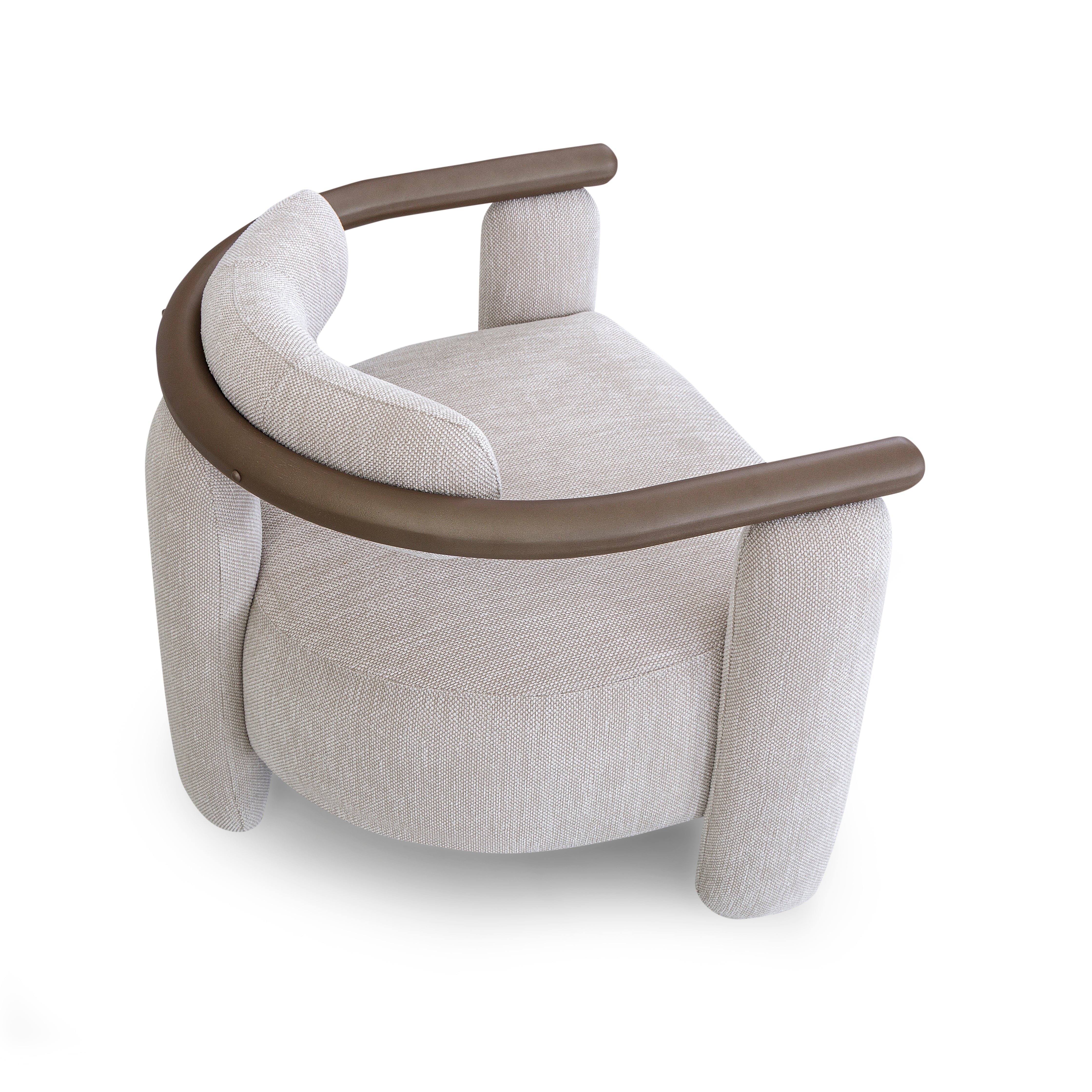 Modern chair with gray fabric and brown wooden armrests on a white background