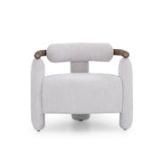 Modern armchair with gray upholstery and brown wooden armrests on a white background