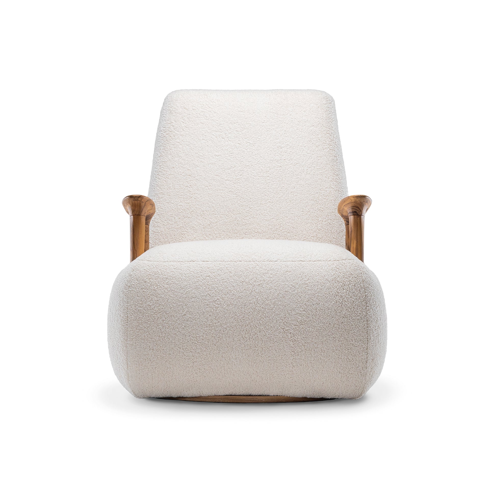 White armchair with wooden armrests on a white background