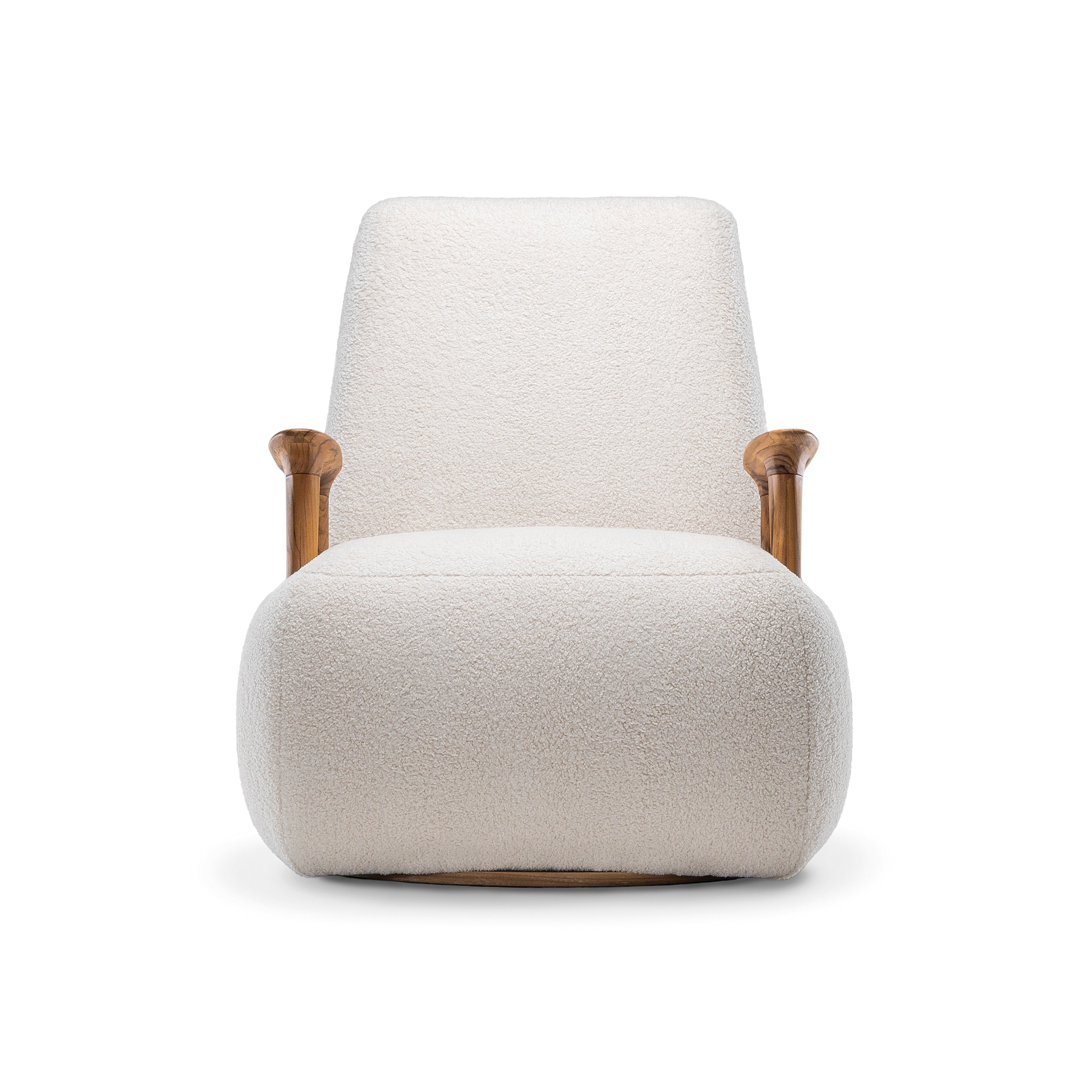 White armchair with wooden armrests on a white background