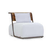 Modern outdoor chair with wooden frame and white cushion on a white background