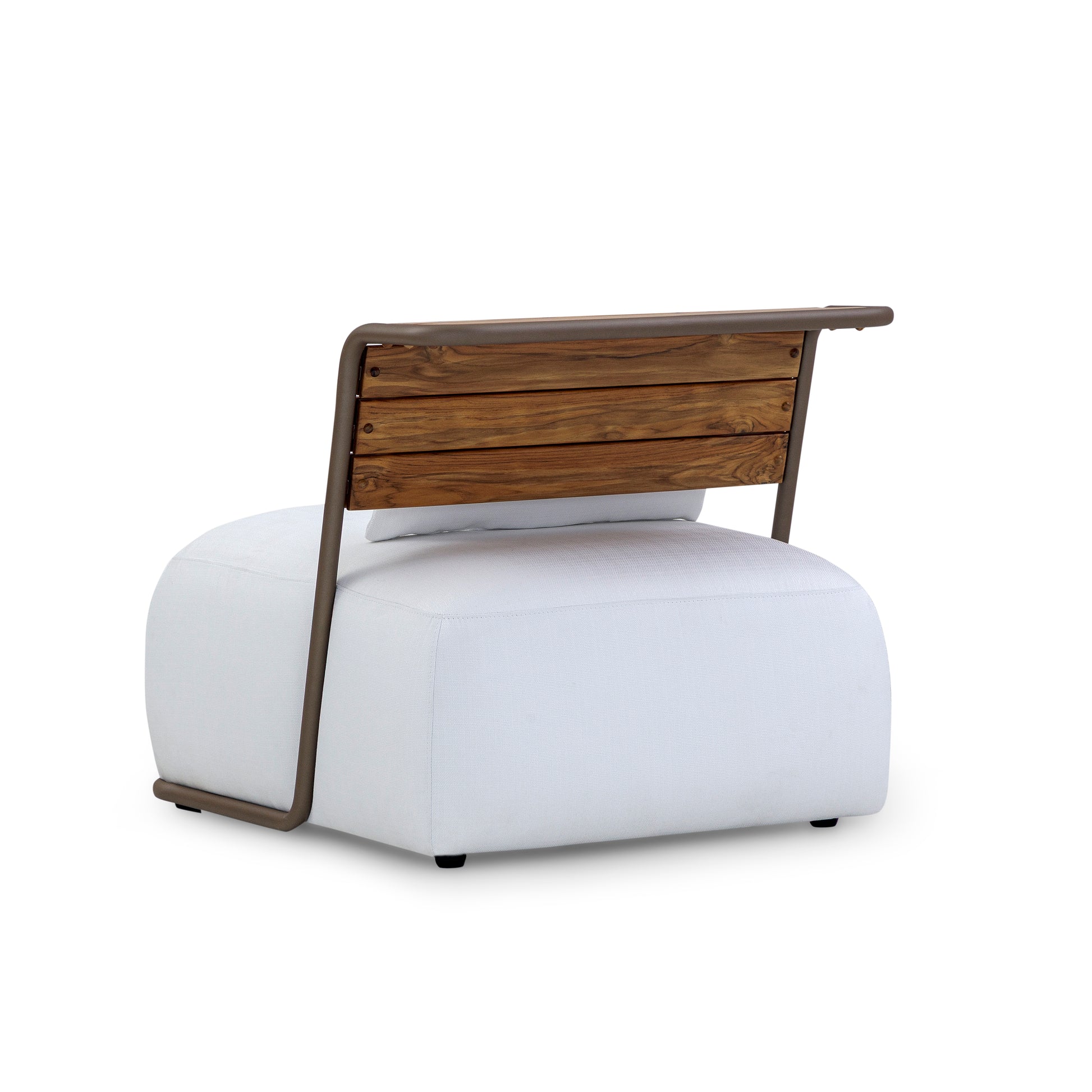 Modern chair with wooden backrest and white seat on a white background