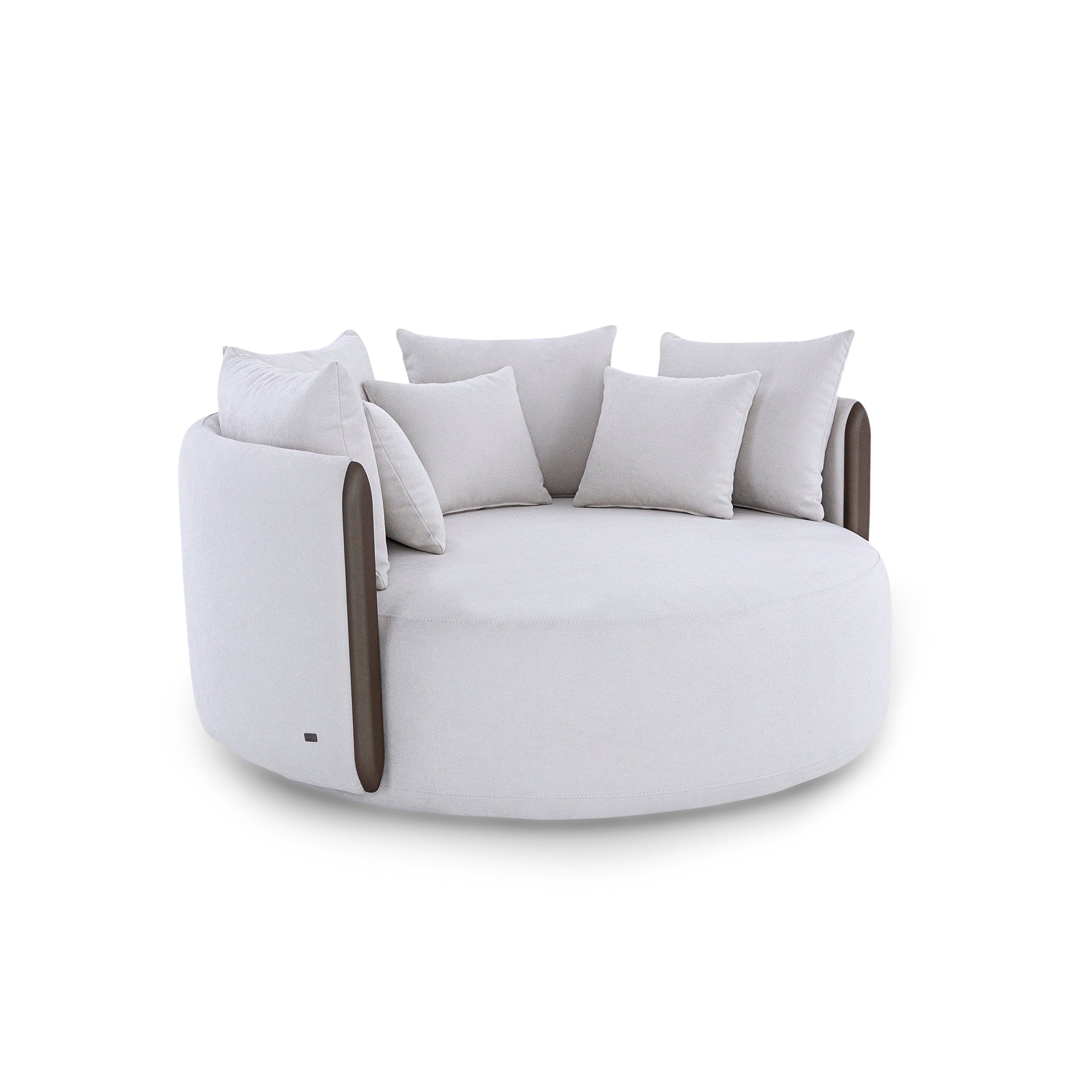 Modern bean bag chair with wooden armrests on a white background