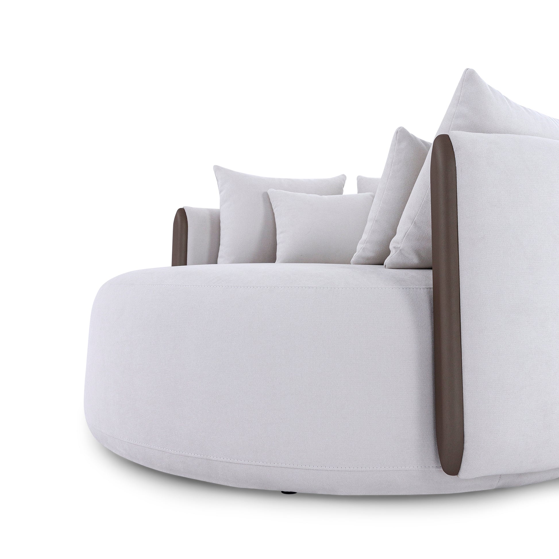 Modern white sofa with brown armrests on a white background