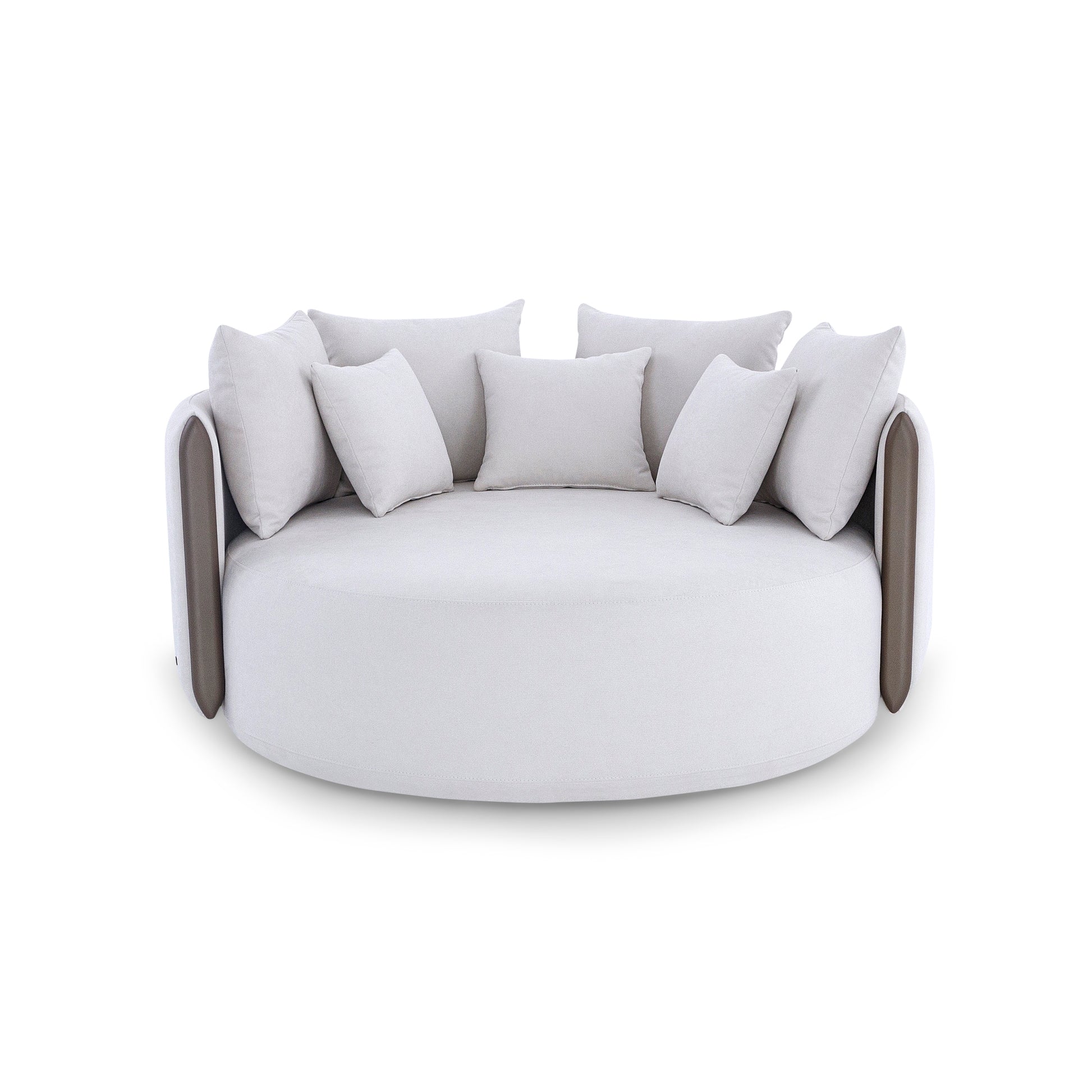 Modern round sofa with cushioned backrest on a white background