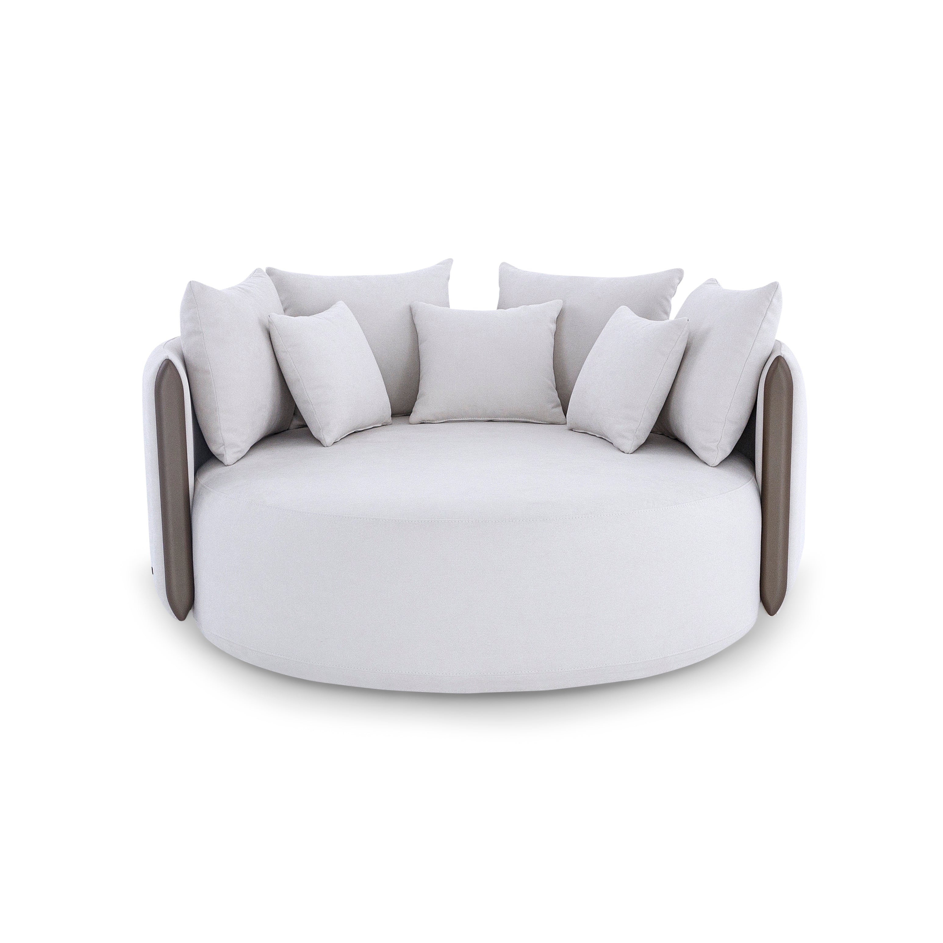 Modern round sofa with cushioned backrest on a white background
