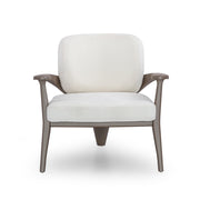 White armchair with gray wooden frame on a white background