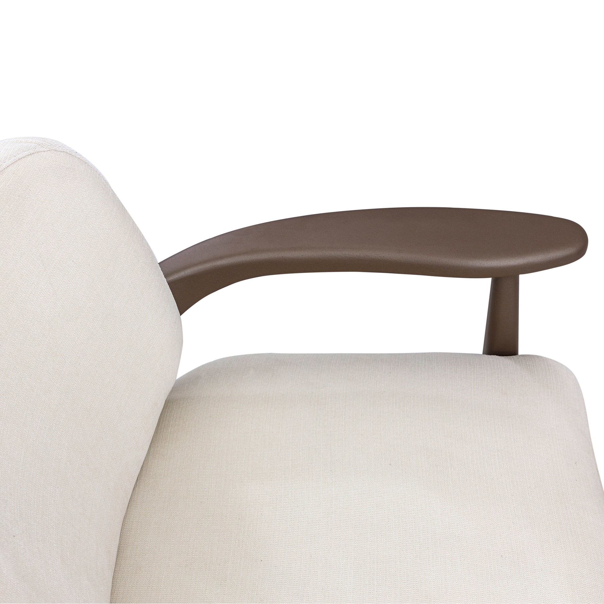 White sofa with a brown side table on a white background