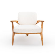 A beige upholstered armchair with a wooden frame and a full backrest.