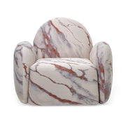 A chair with a marble-like patterned texture in beige, white, and brown colors.