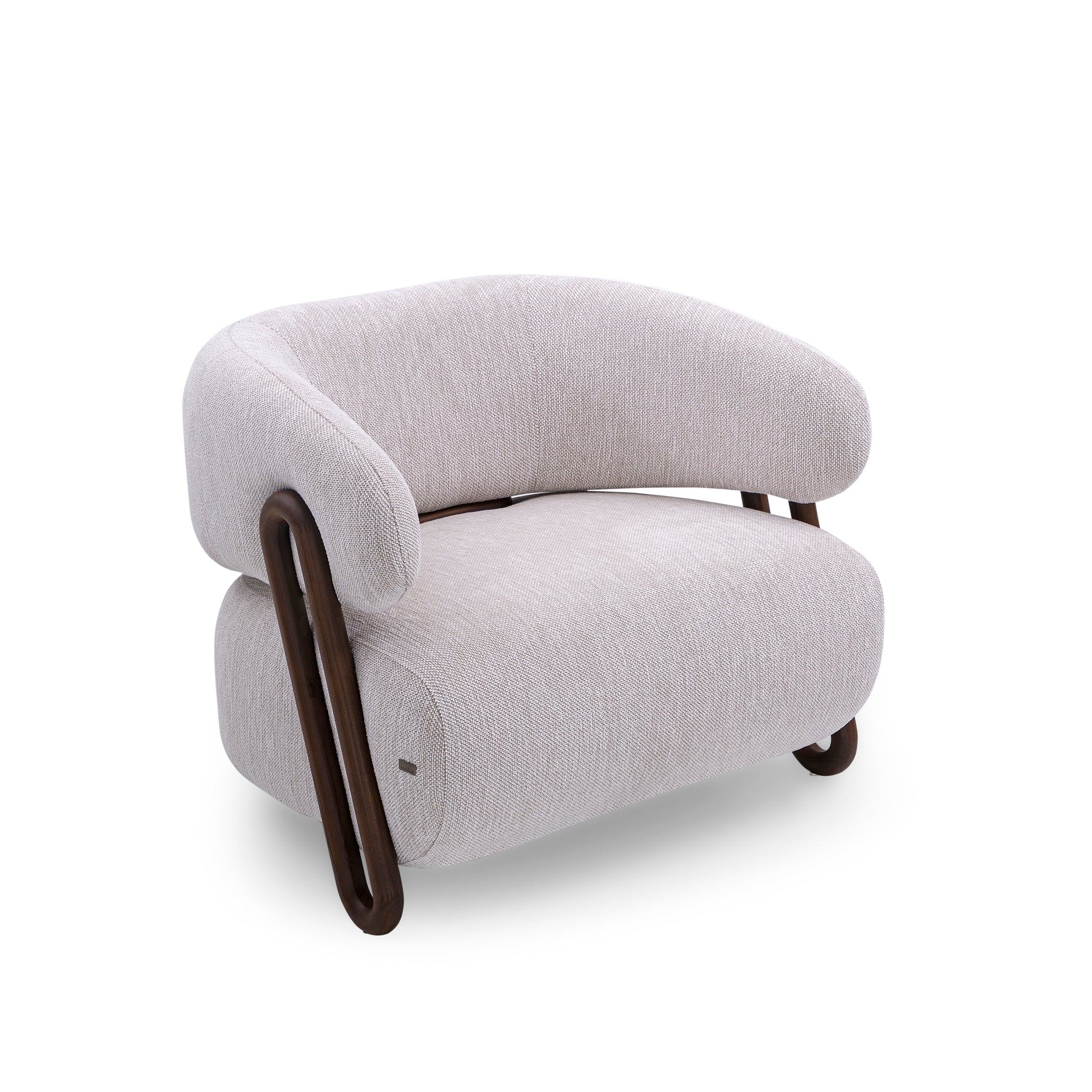 Modern armchair with a light gray cushion and dark wooden legs on a white background