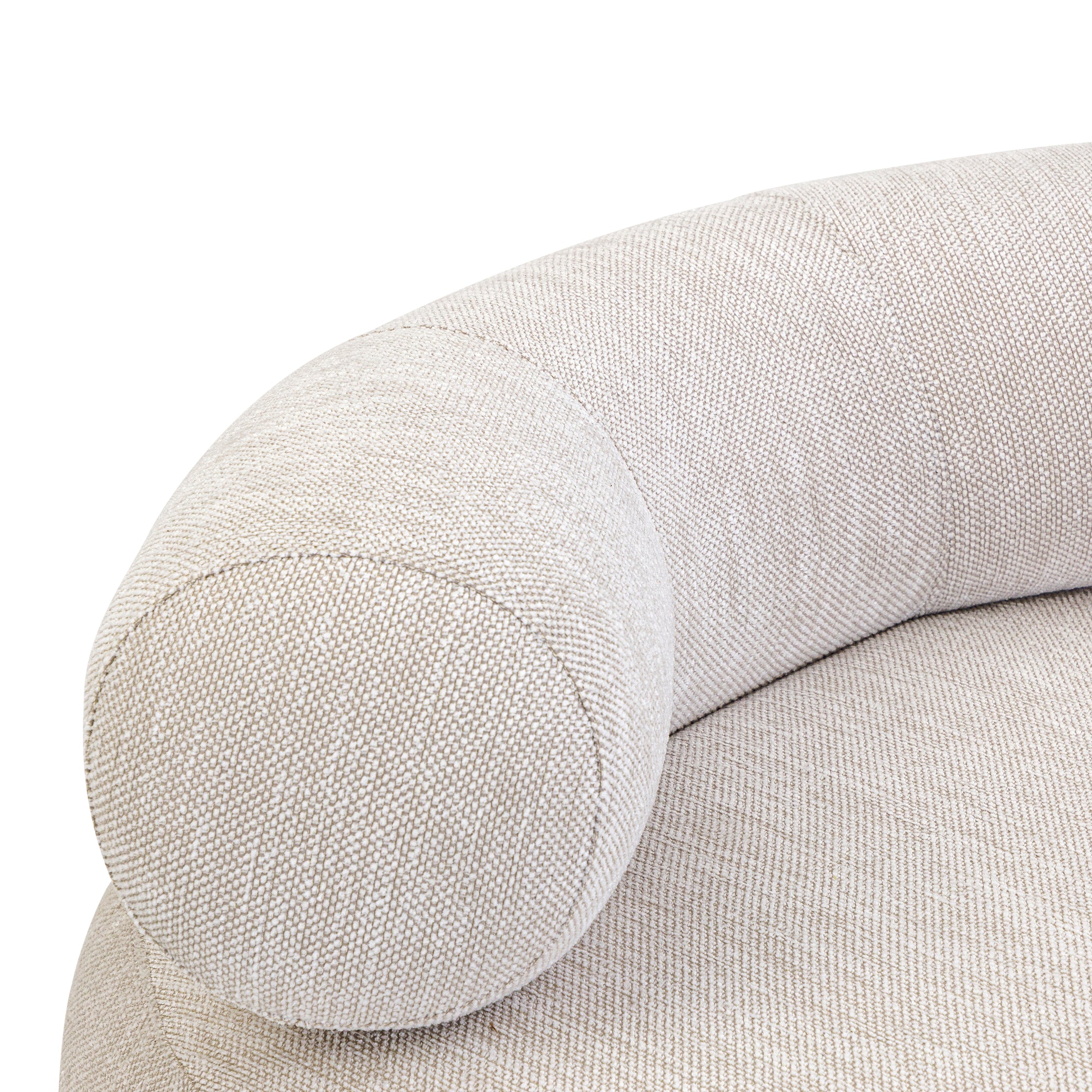 Close-up of a light gray upholstered chair armrest on a white background