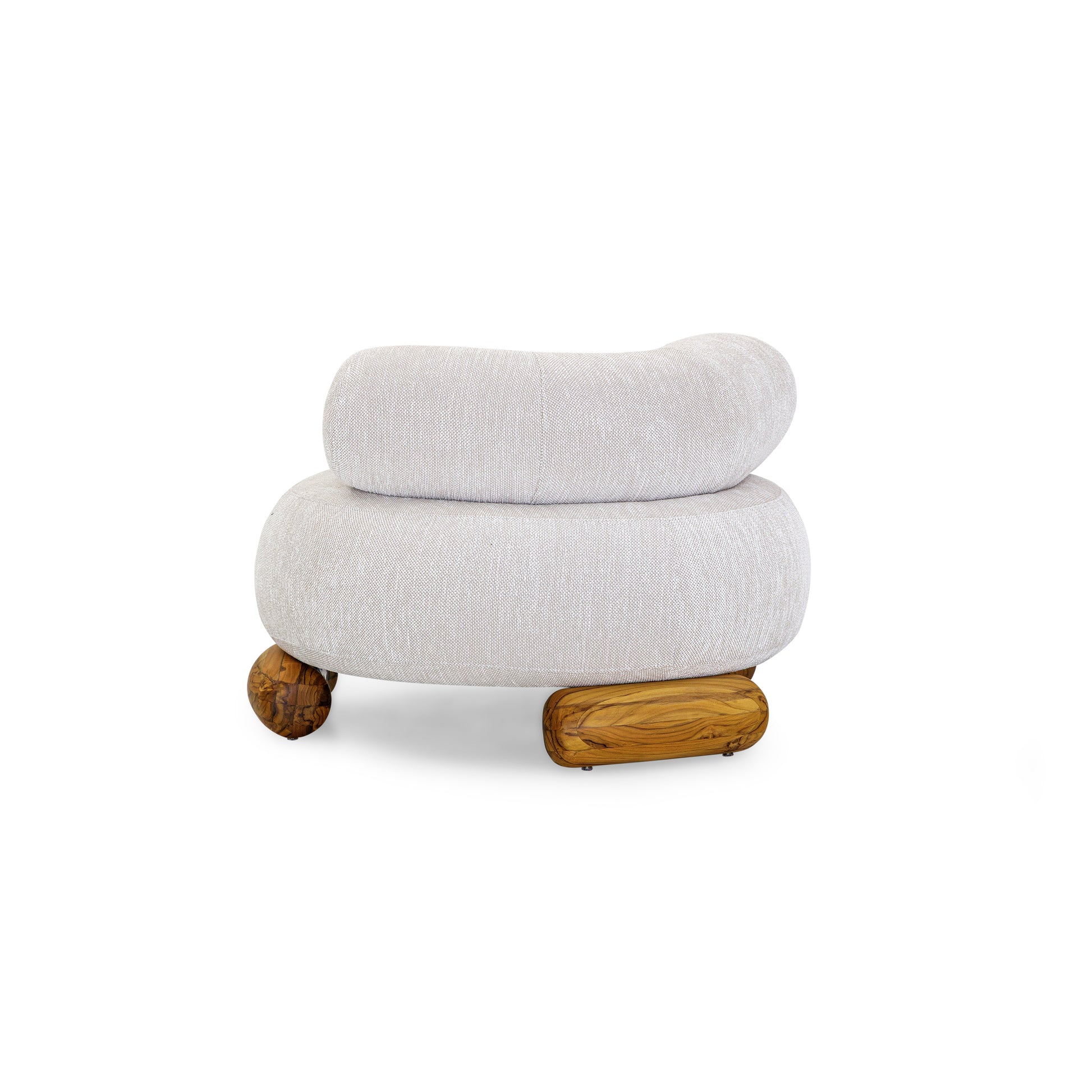 White ottoman with wooden legs on a white background