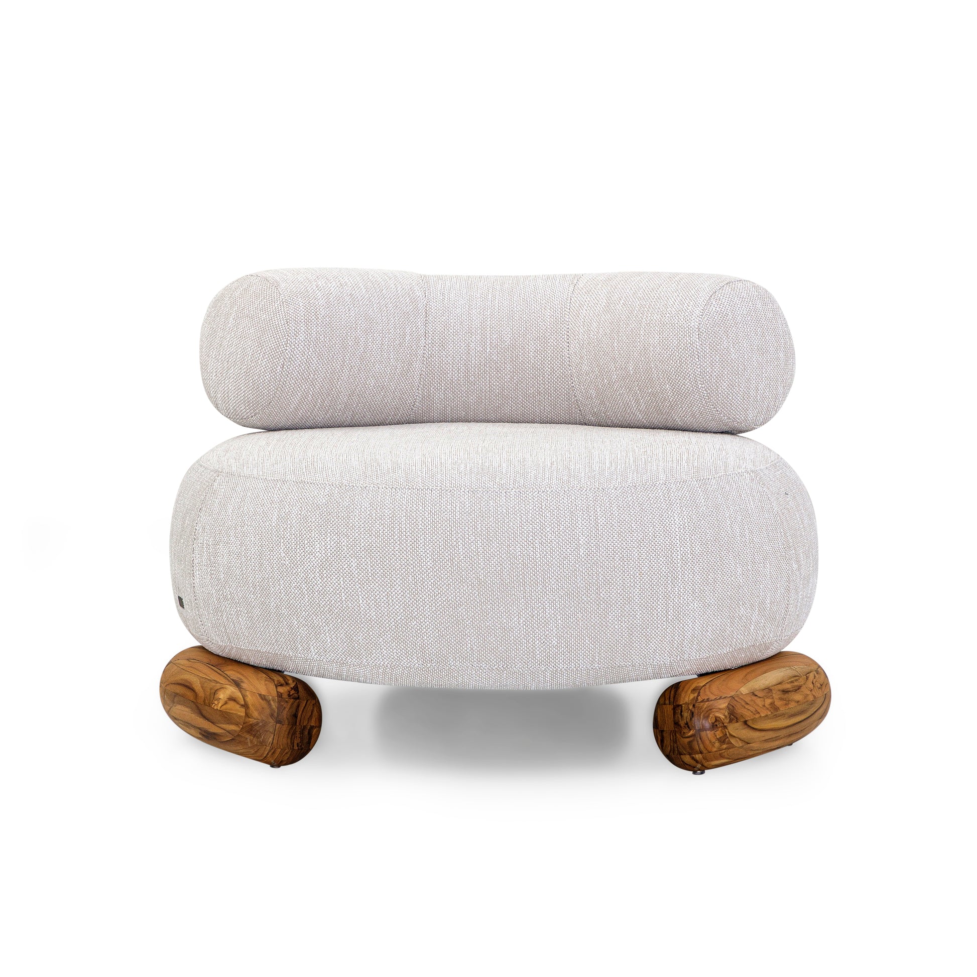 White ottoman with wooden legs on a white background