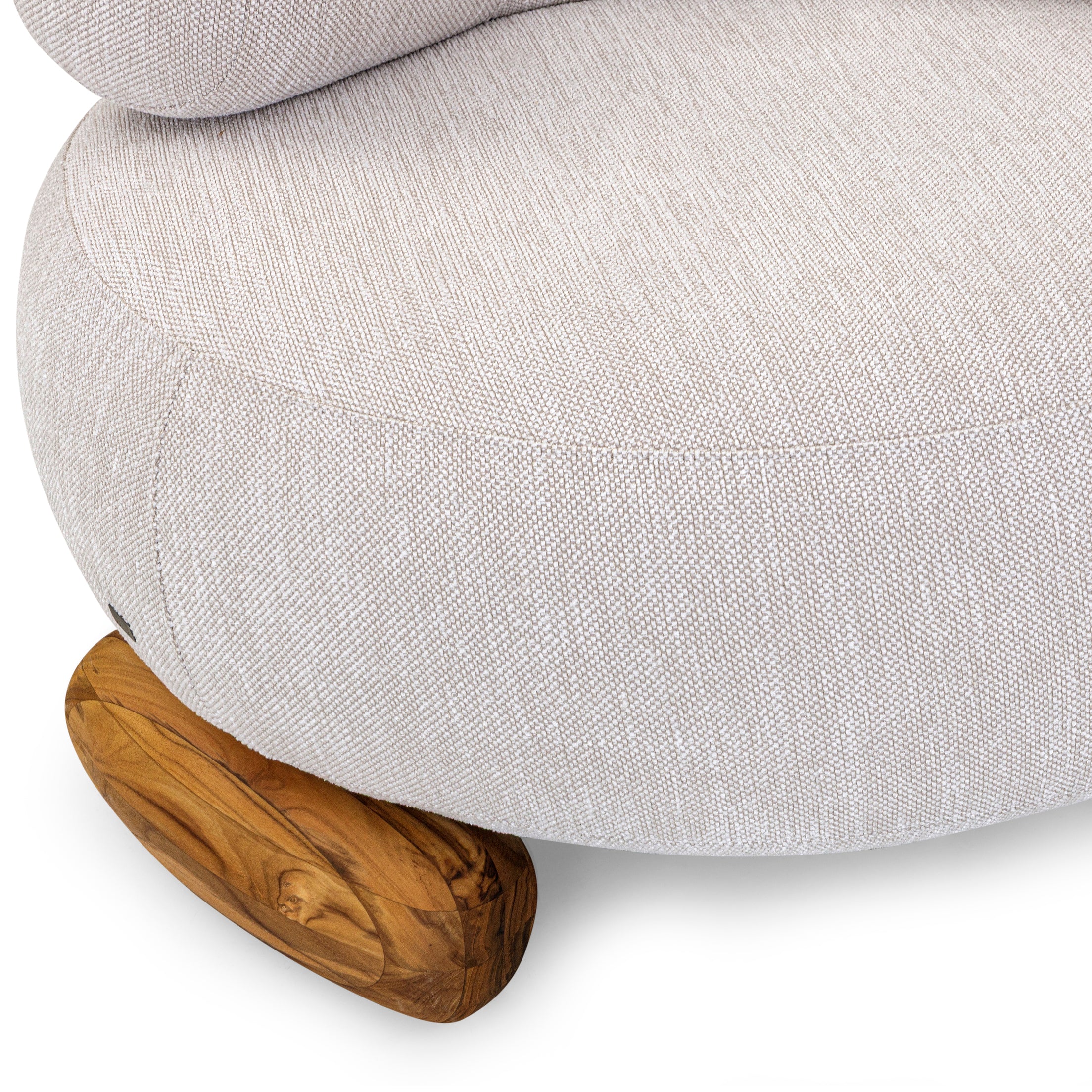 Gray upholstered ottoman with wooden legs on a white background