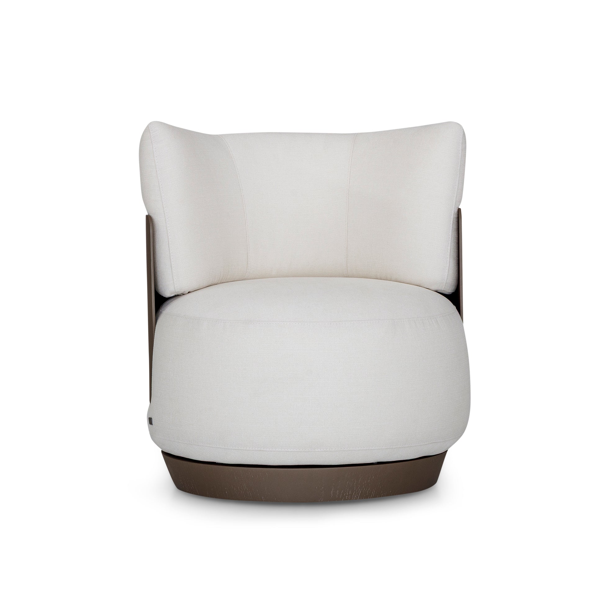 White cushioned chair with brown base on a white background