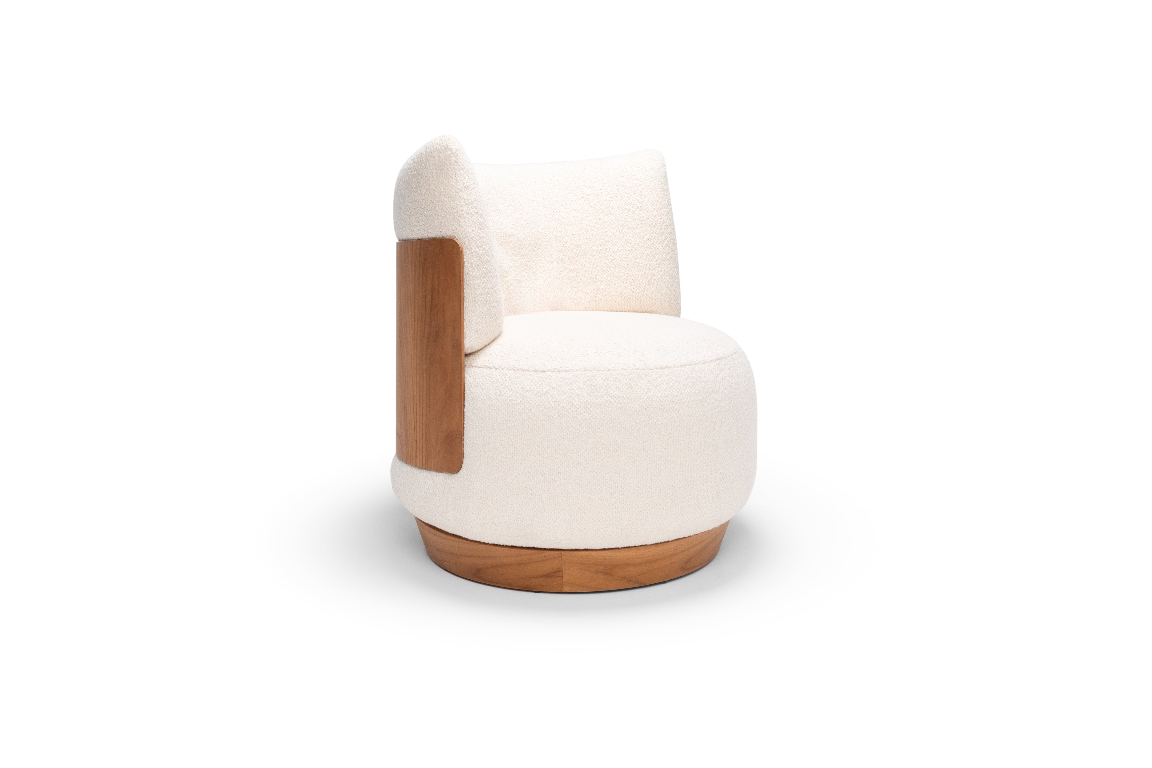 A white and brown upholstered slipper chair with a wooden base and a visible brand tag.