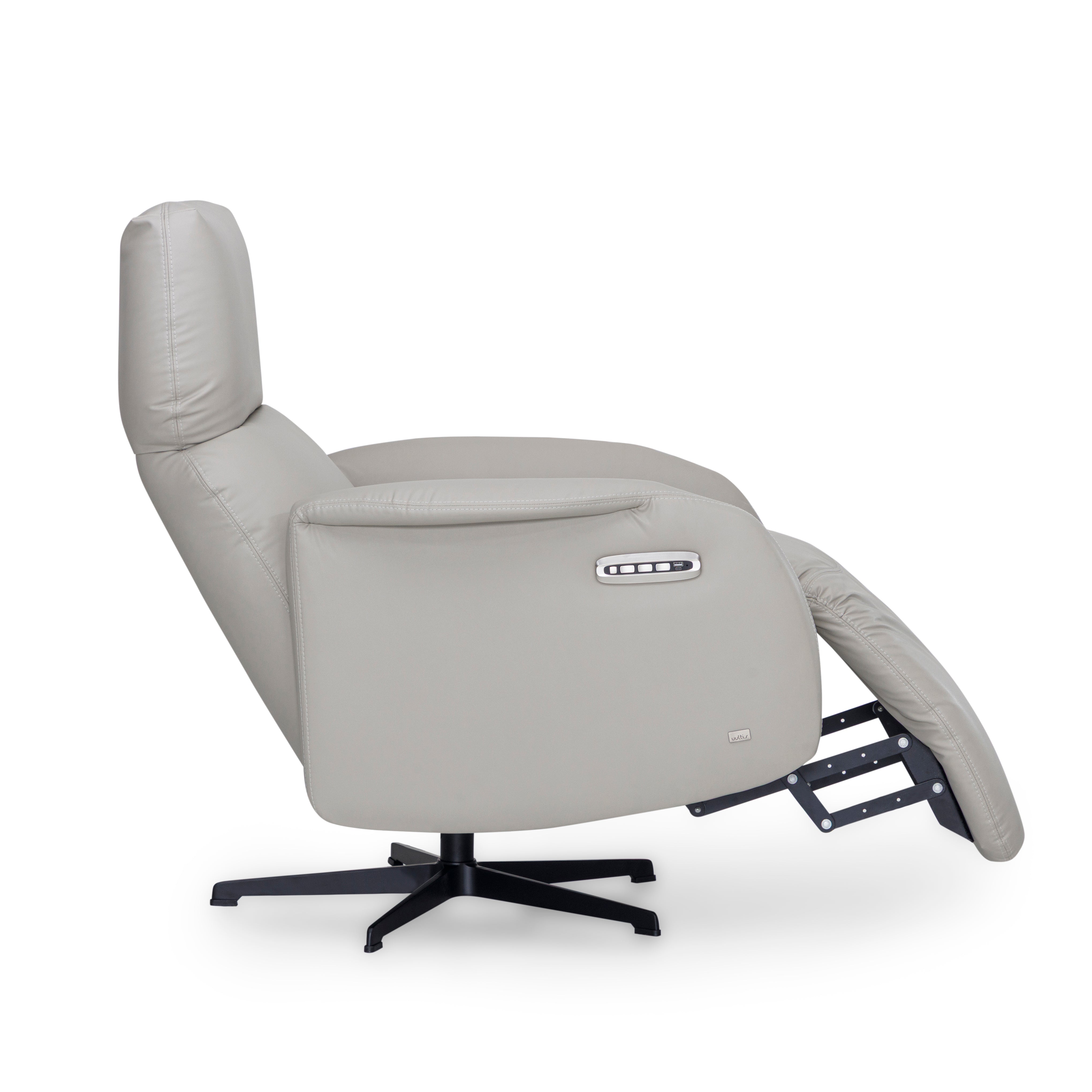 Gray recliner chair with a black base on a white background